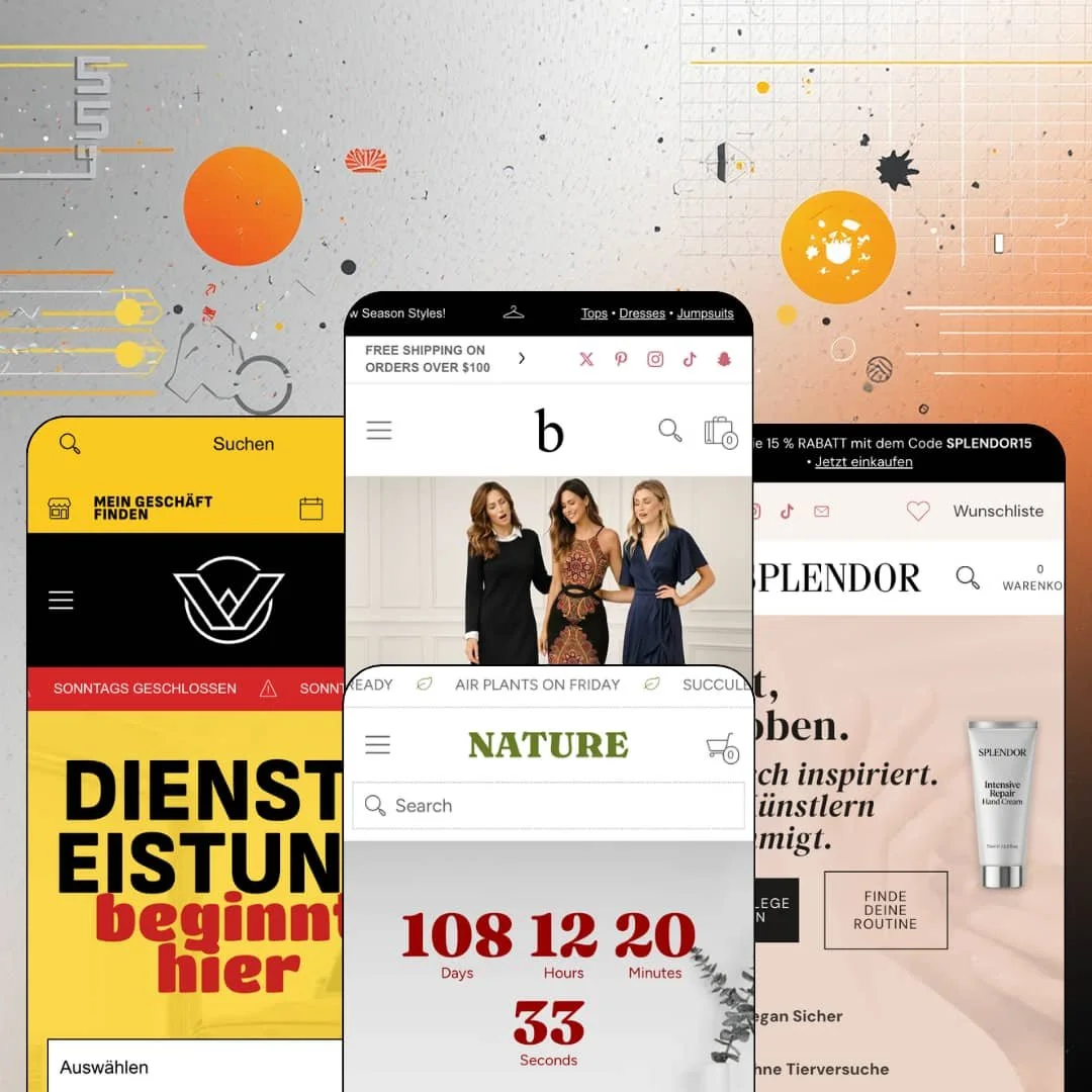 Bespoke Shopify theme presets in mobile view — Workshop for auto repair, Bespoke for clothing, Nature for home and garden, Splendor for beauty