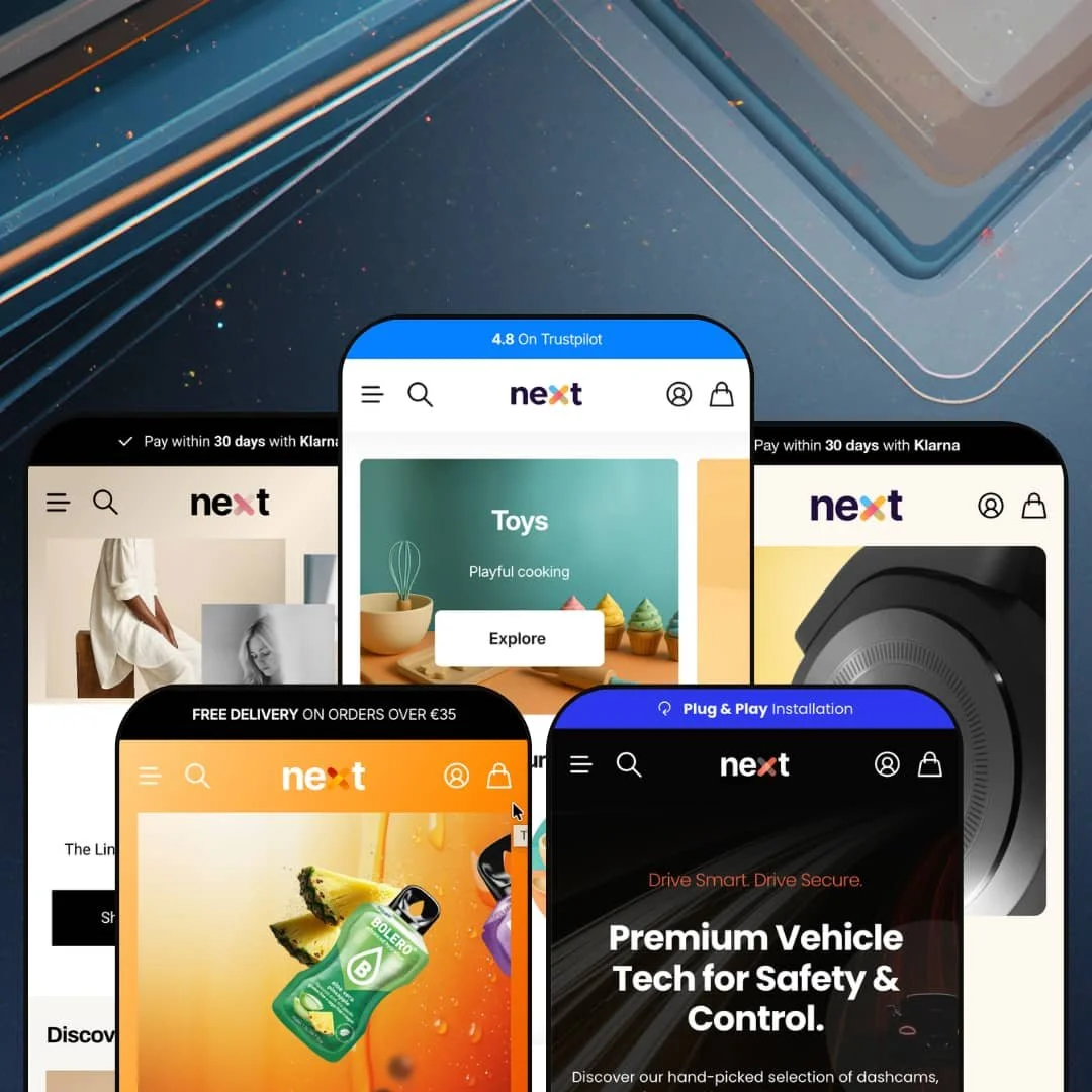 Next Shopify theme presets in mobile view — Hue for fashion, Rush for food, Next for home, Fleet for automotive, Badge for electronics