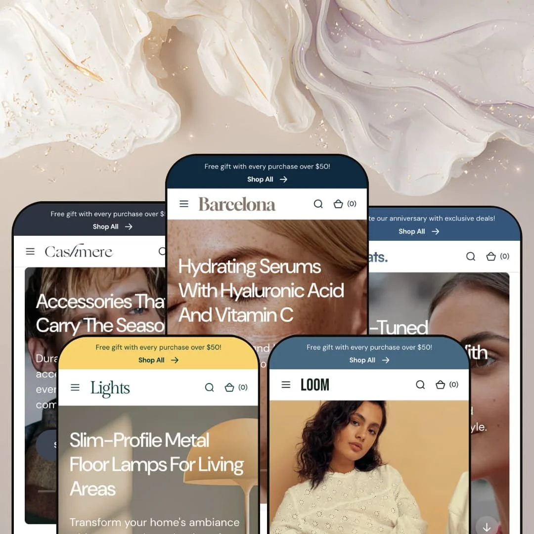 Barcelona Shopify theme presets in mobile view — Cashmere for accessories, Lights for lamps, Barcelona for beauty, Loom for fashion, Beats for audio