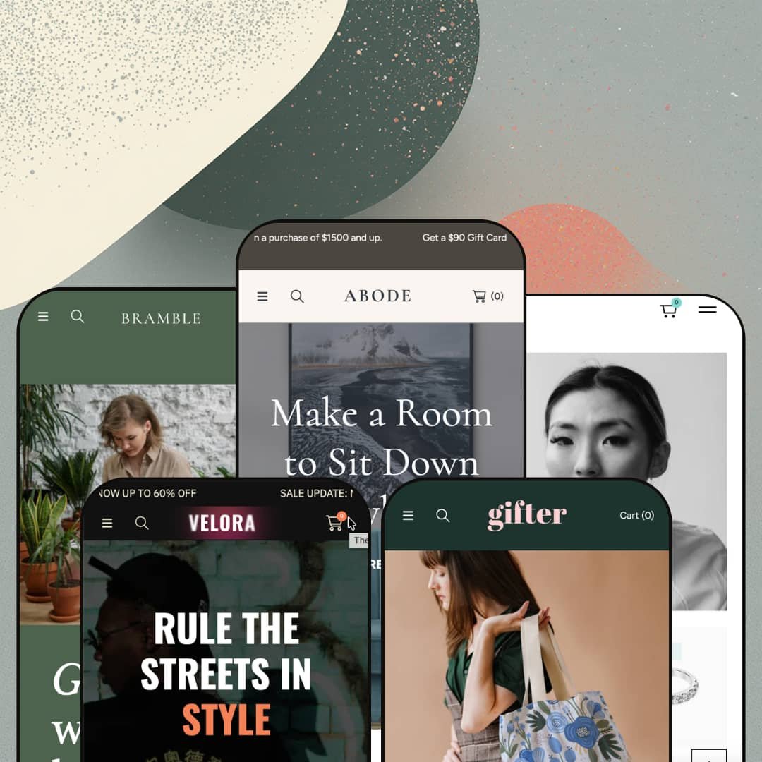 Abode Shopify theme presets in mobile view — Bramble for plants, Velora for streetwear, Abode for décor, Gifter for stationery, Javelin for jewellery.