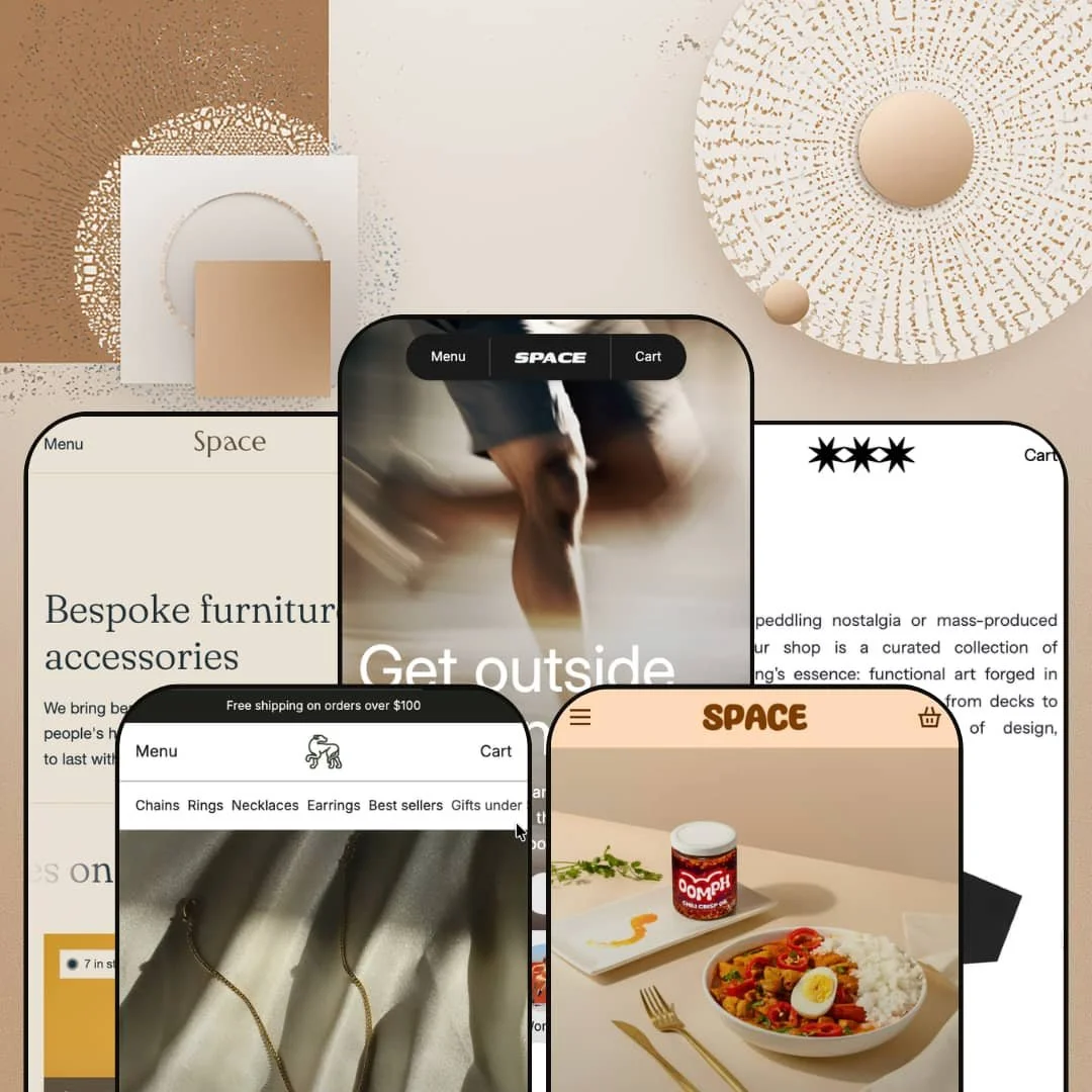 Space Shopify theme presets in mobile view — Silk for furniture, Shimmer for jewelry, Space for running, Spice for food, Saga for skate apparel