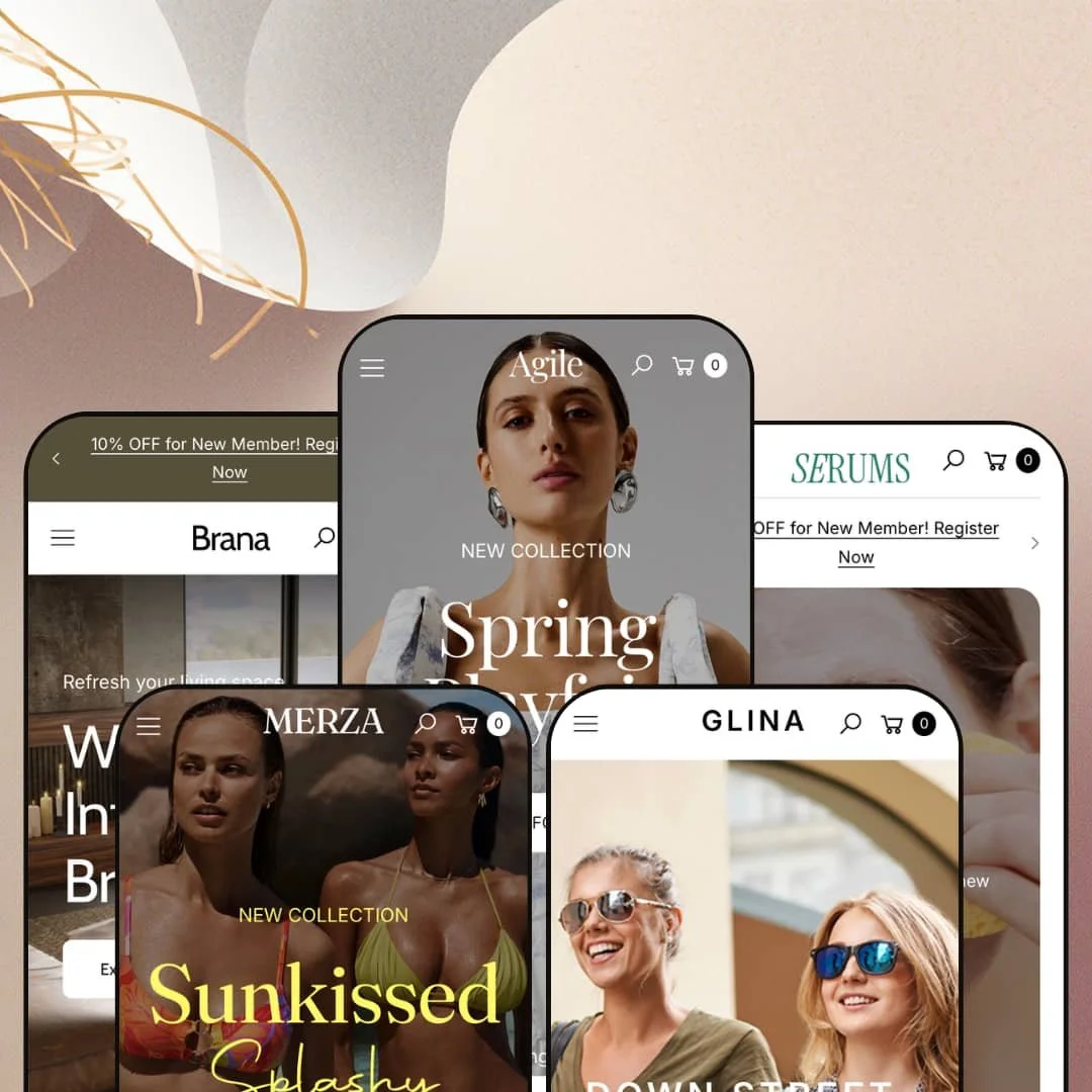 Agile Shopify theme presets in mobile view — Brana for furniture, Merza for swimwear, Agile for fashion, Glina for eyewear, Serums for skincare