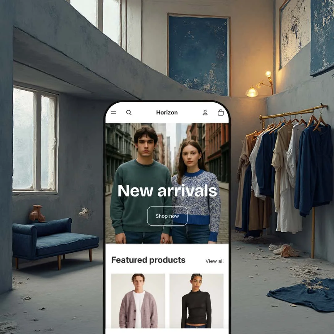 A composite image showing one version of the Horizon Shopify theme by Shopify displayed on smartphone screens. Each screen showcases the theme's adaptation for different niches.