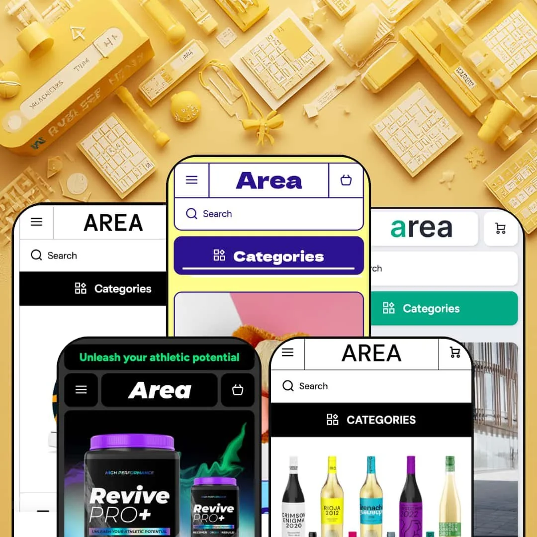 Area Shopify theme presets in mobile view — Area for fashion, Medicines for supplements, Flavor for food, Winery for wine, Technical for electronics
