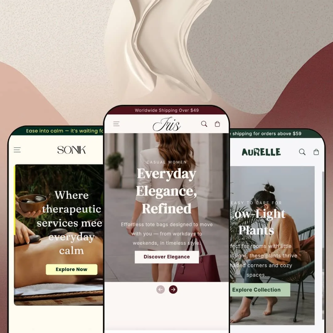 Iris Shopify theme presets in mobile view — Sonik for spa services, Iris for handbags, Aurelle for plants.