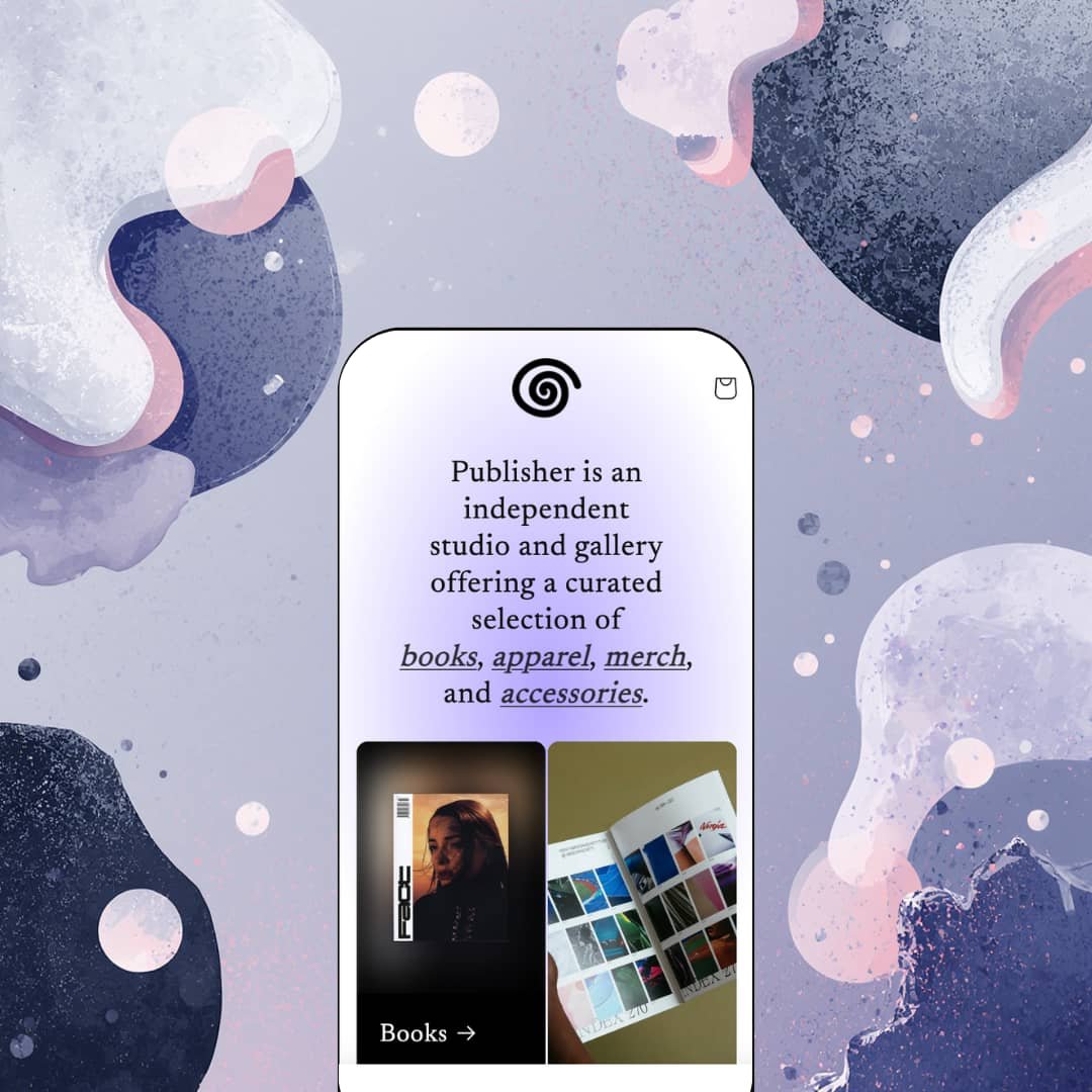 Publisher Shopify theme mobile preview — single art and publishing preset with a typographic statement hero linking straight into collections.