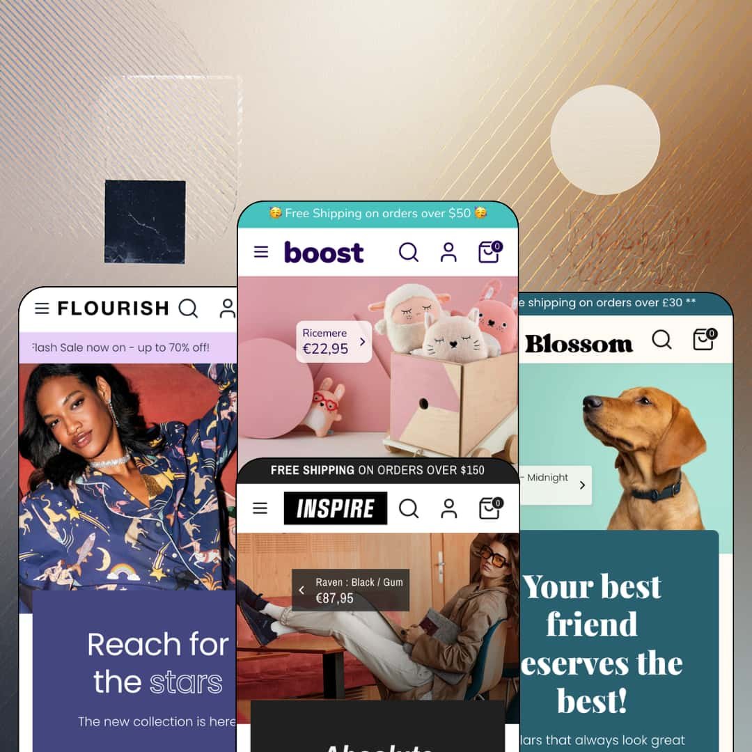 Boost Shopify theme presets in mobile view — Flourish for fashion, Boost for toys, Inspire for sneakers, Blossom for pet supplies