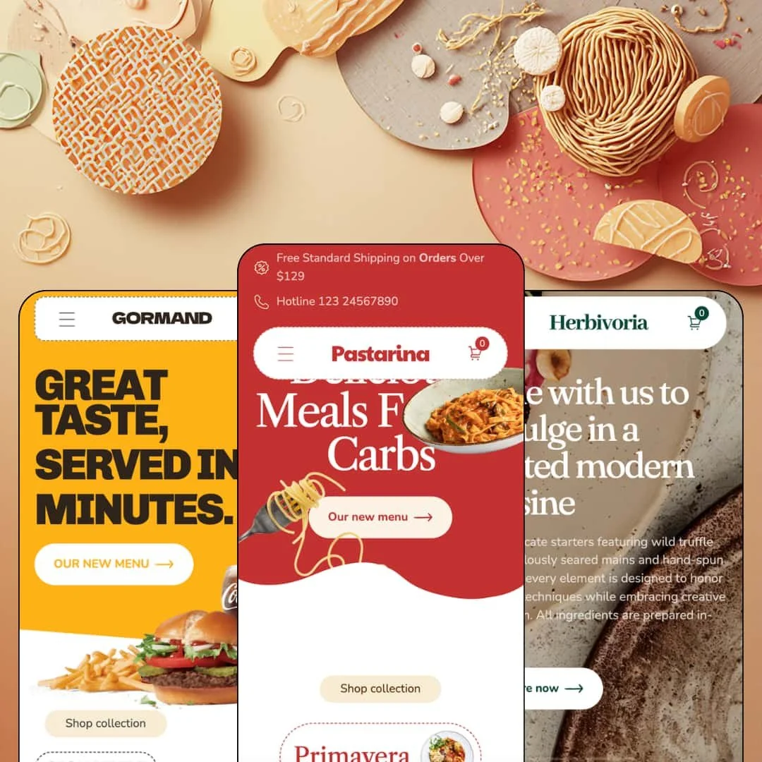 Pastarina Shopify theme presets in mobile view — Buncheeze for burgers, Pastarina for pasta dining, Gourmet for fine dining.