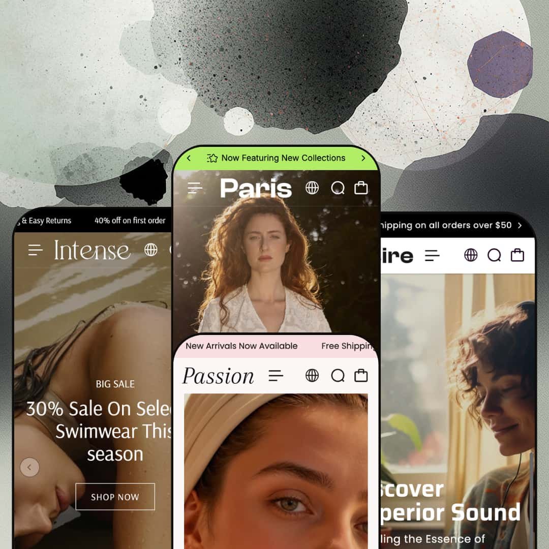 Paris Shopify theme presets in mobile view — Intense for swimwear, Paris for fashion, Passion for skincare, Desire for electronics