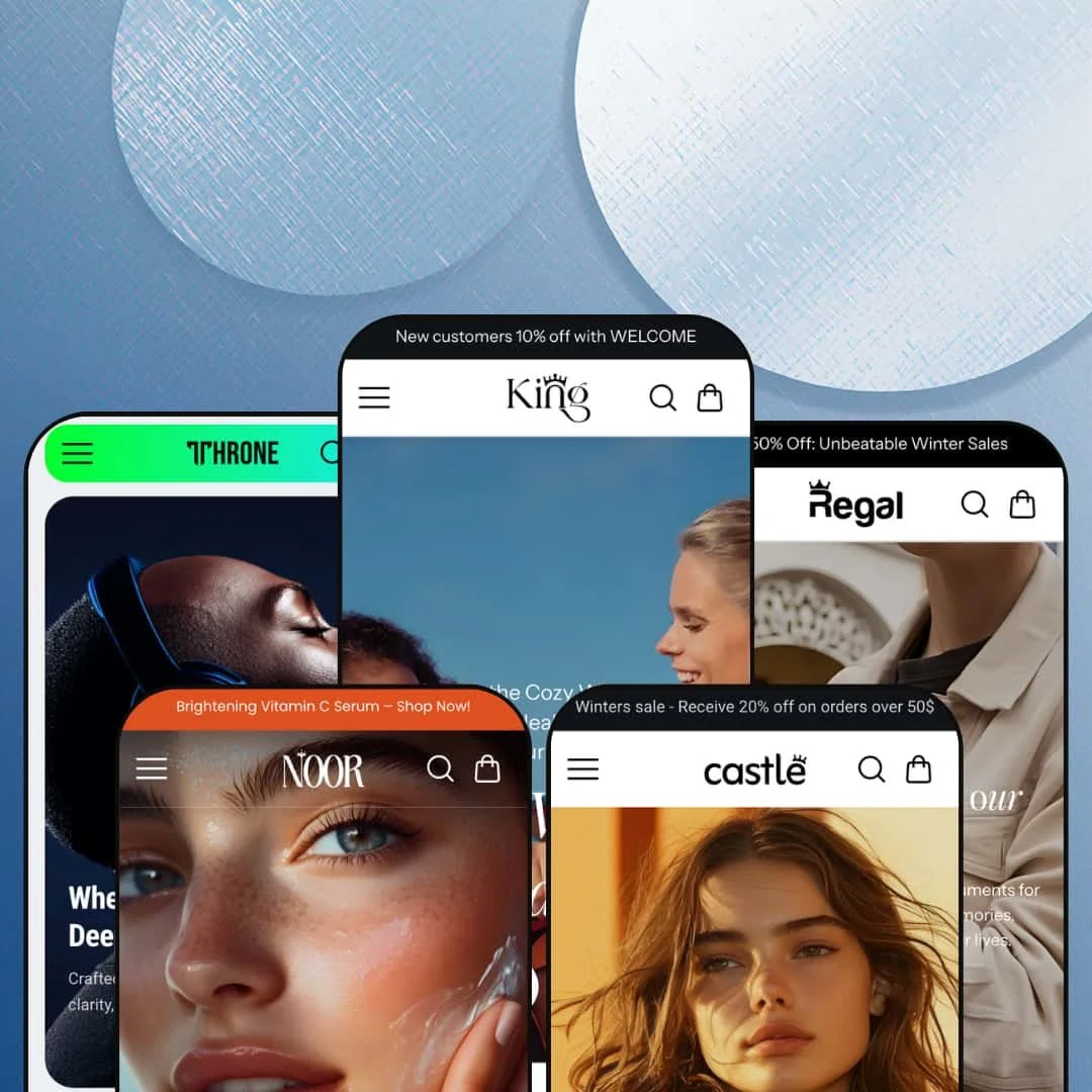 King Shopify theme presets in mobile view — Throne for electronics, King for fashion, Regal for watches, Noor for beauty, and Castle for accessories
