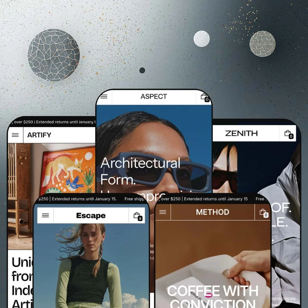 Zenith Shopify theme presets shown on mobile: Artify, Aspect, Escape, Method, and Zenith, each displaying a different storefront design from art prints to eyewear to coffee to outdoor gear to fashion.