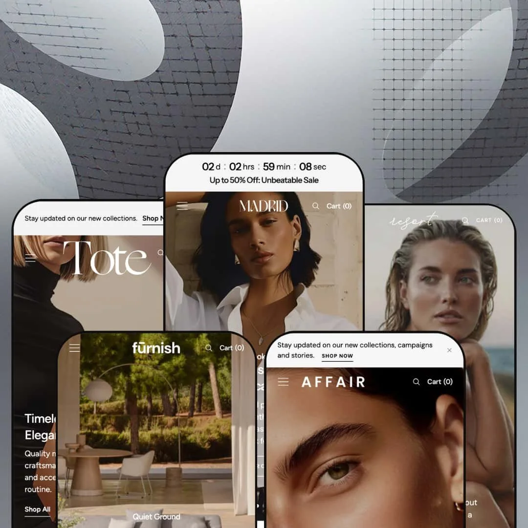Madrid Shopify theme presets in mobile view — Tote for bags, Madrid for clothing, Resort for swimwear, Furnish for furniture, Affair for beauty.