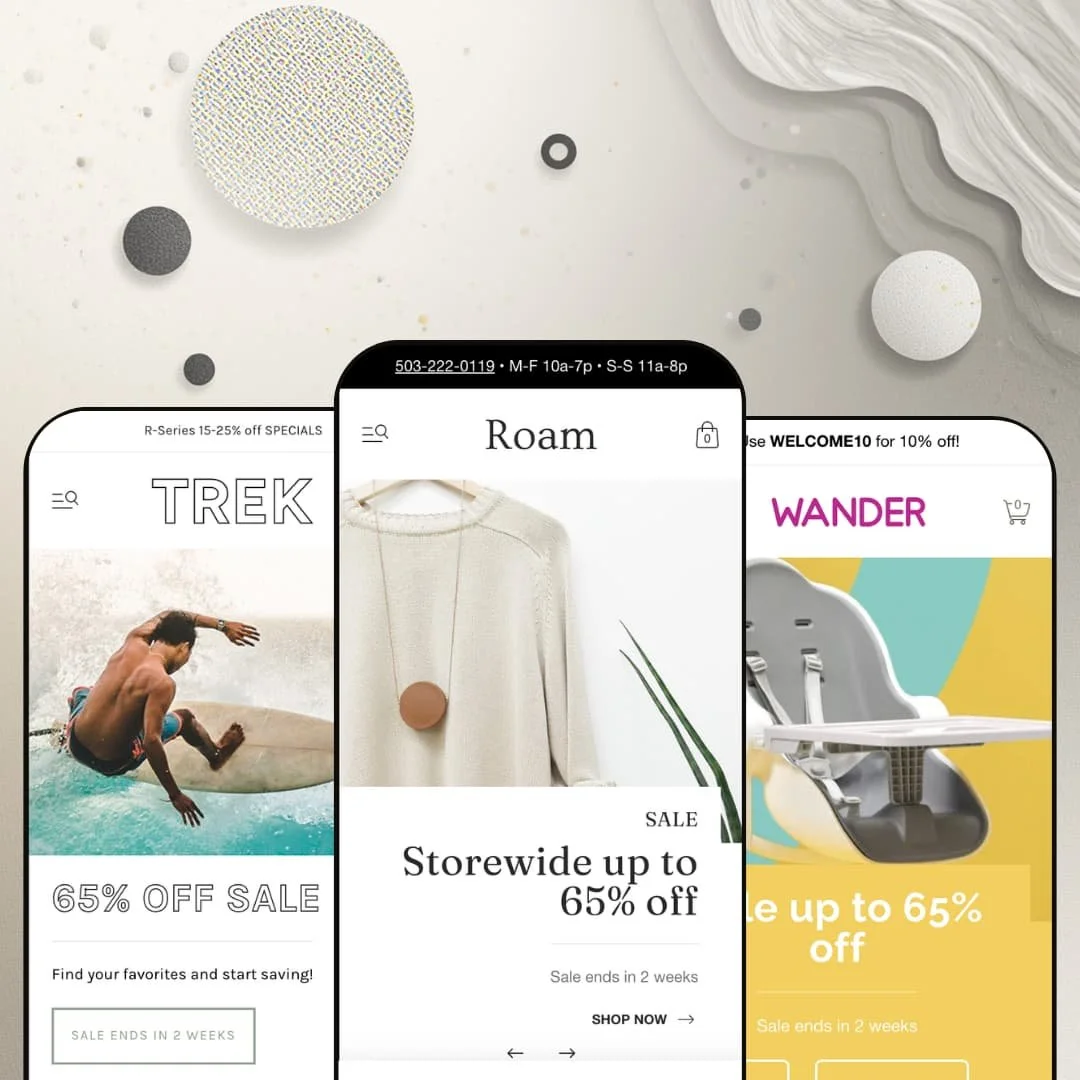Roam Shopify theme presets in mobile view — Trek for surf gear, Roam for clothing boutiques, Wander for baby gear