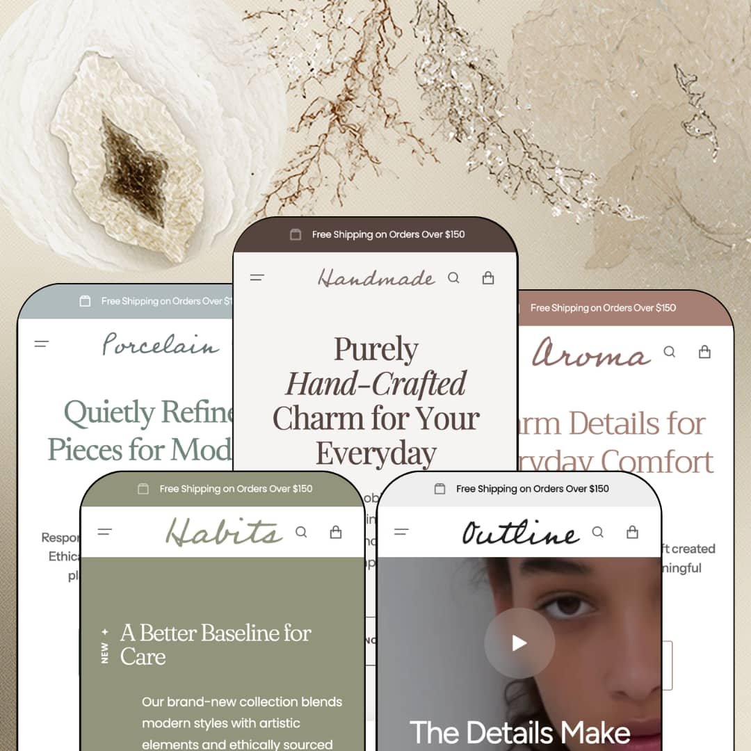 Handmade Shopify theme presets in mobile view — Porcelain for ceramics, Habits for beauty, Handmade for jewelry, Outline for apparel, Aroma for decor.