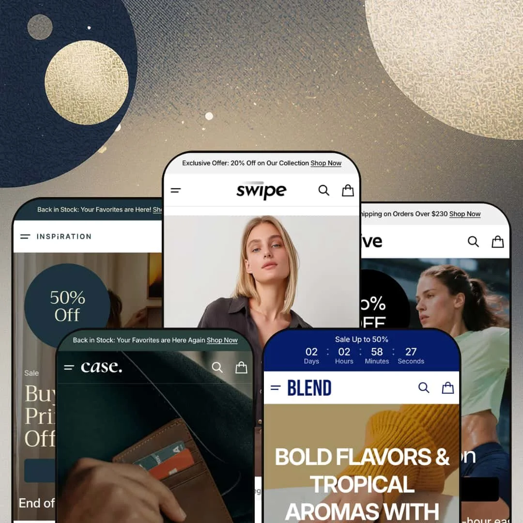 Swipe Shopify theme presets in mobile view — Inspiration for bakery, Case for leather, Swipe for apparel, Strive for activewear, Blend for coffee