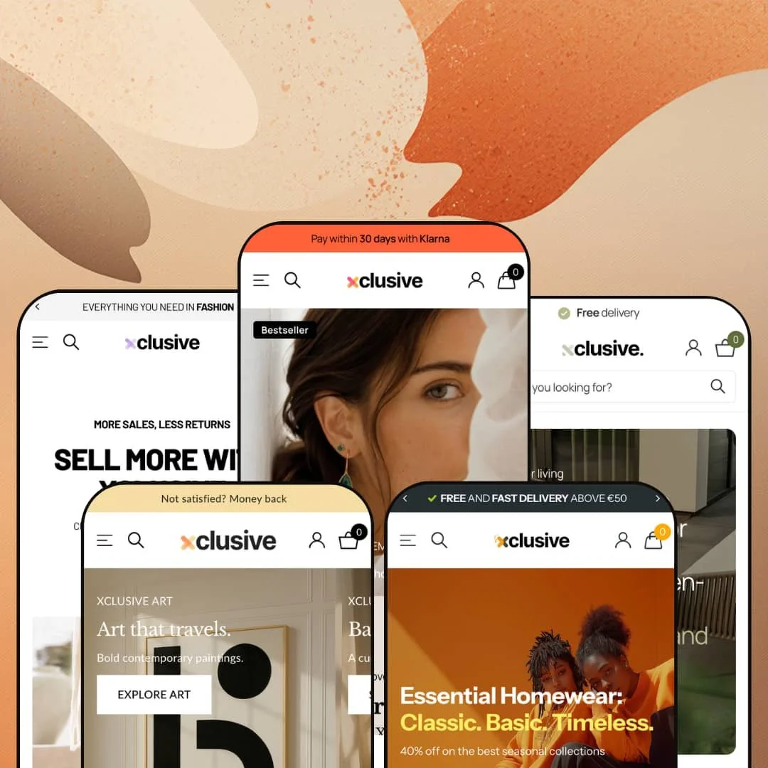 Xclusive Shopify theme presets in mobile view — Pace footwear, Voyage bags & art, Xclusive jewelry, Cozy homewear, Deck furniture.