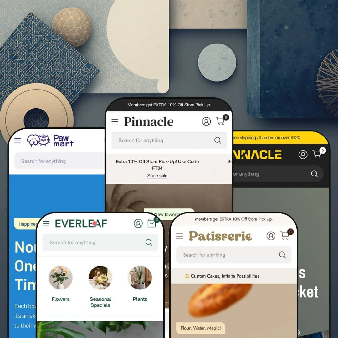 Pinnacle Shopify theme presets in mobile view — Pawmart for pets, Everleaf for plants, Pinnacle for furniture, Patissiere for bakery, Bastion for hardware