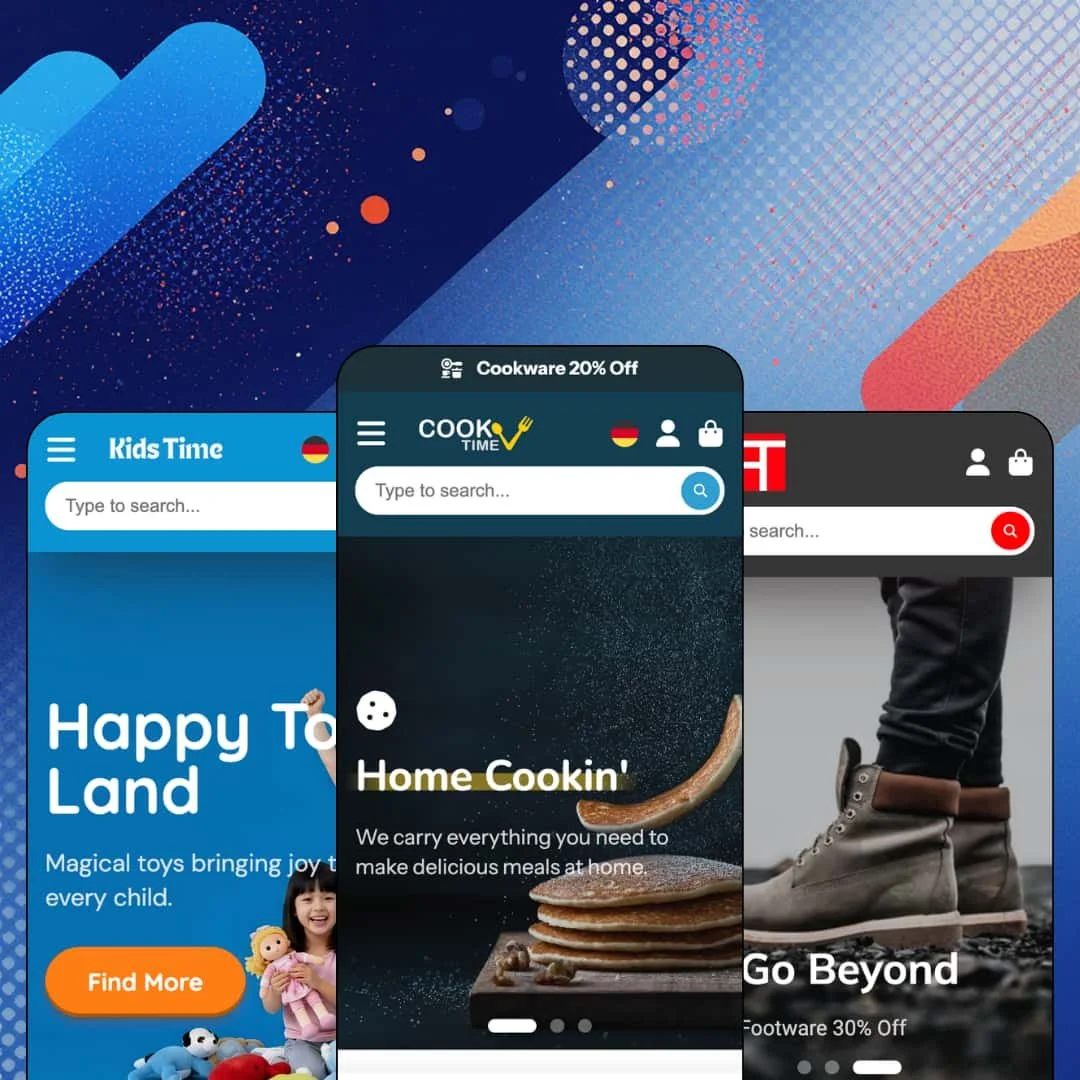 ShowTime Shopify theme presets in mobile view — KidsTime for toys, ShowTime for housewares, Runway for fashion.