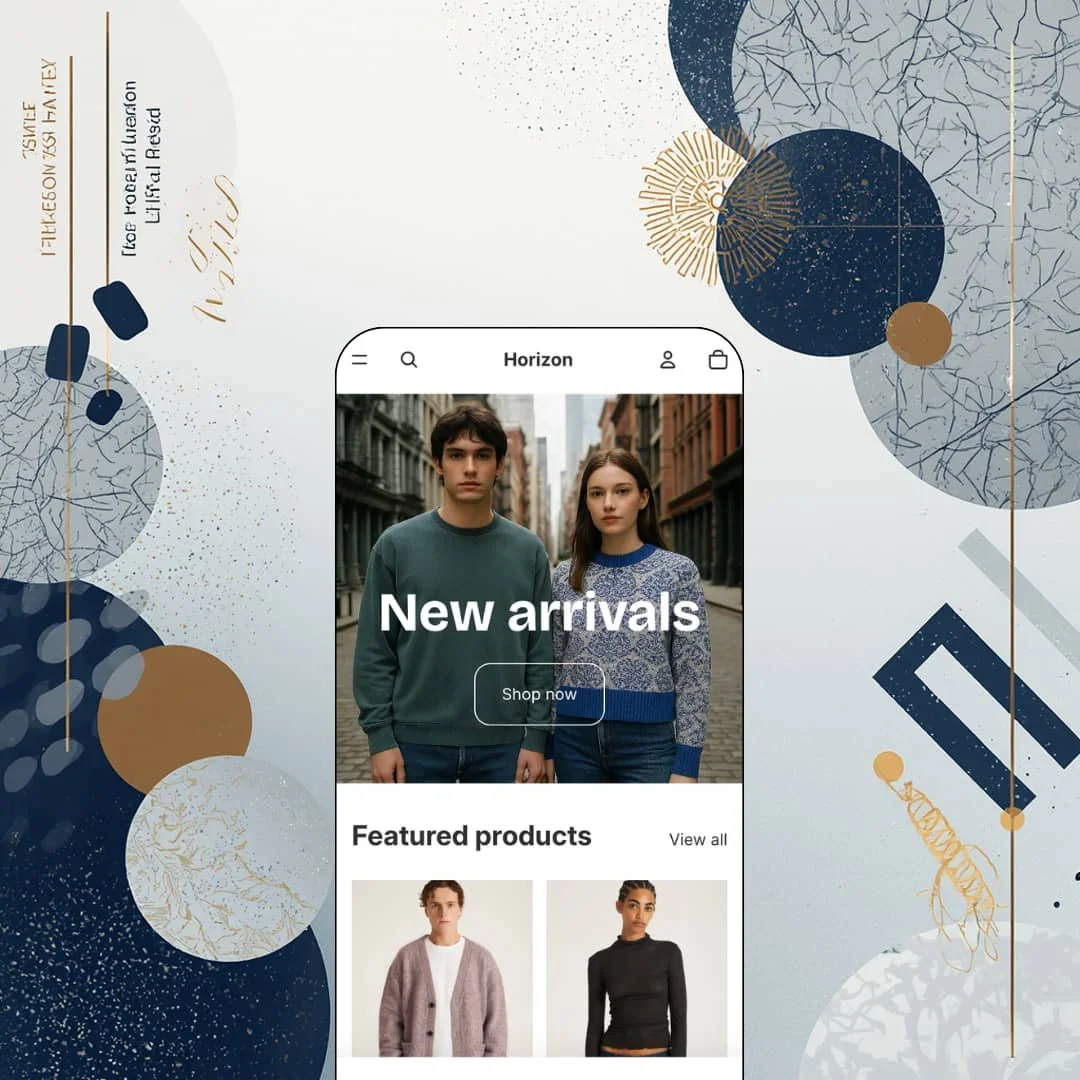 Horizon Shopify theme mobile preview — single apparel preset with a "New arrivals" knitwear hero and Shop now button above a featured products grid.