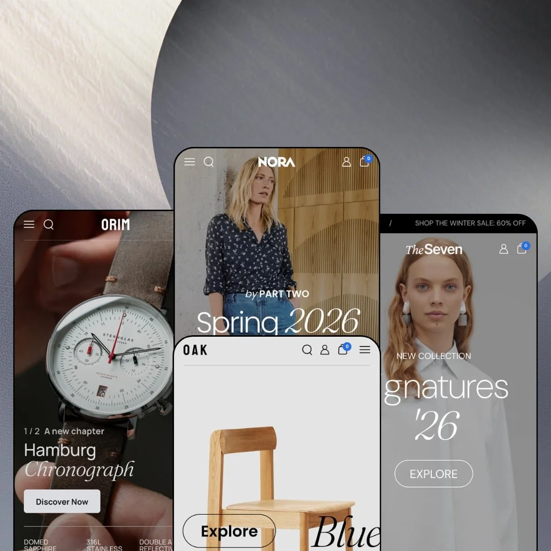 Seventh Shopify theme shown in four mobile preset mockups: Orim watch store, Nora womenswear, Oak furniture and the Seventh fashion flagship.