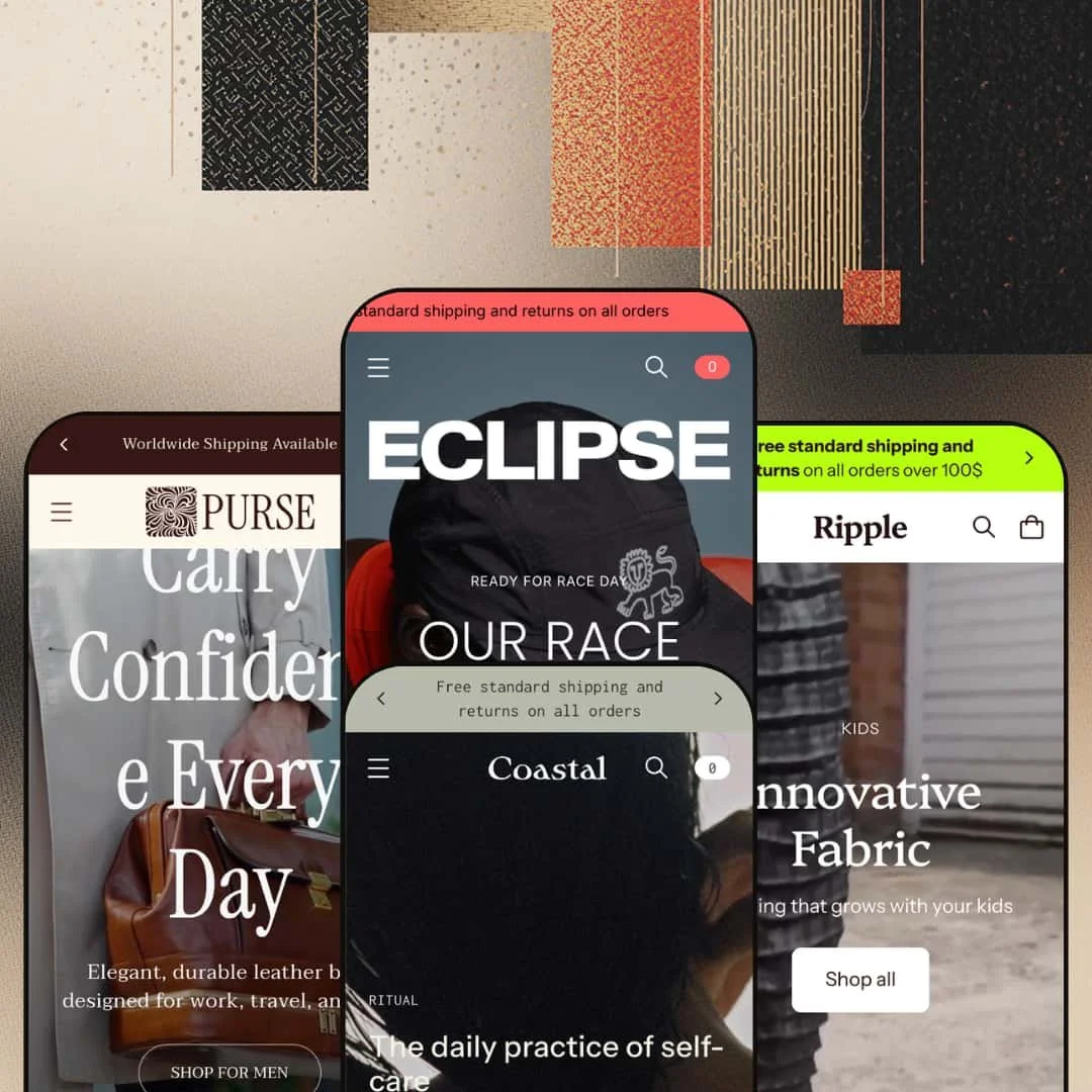 Eclipse Shopify theme presets in mobile view — Purse for leather bags, Eclipse for sportswear, Coastal for self-care, Ripple for kids' clothing