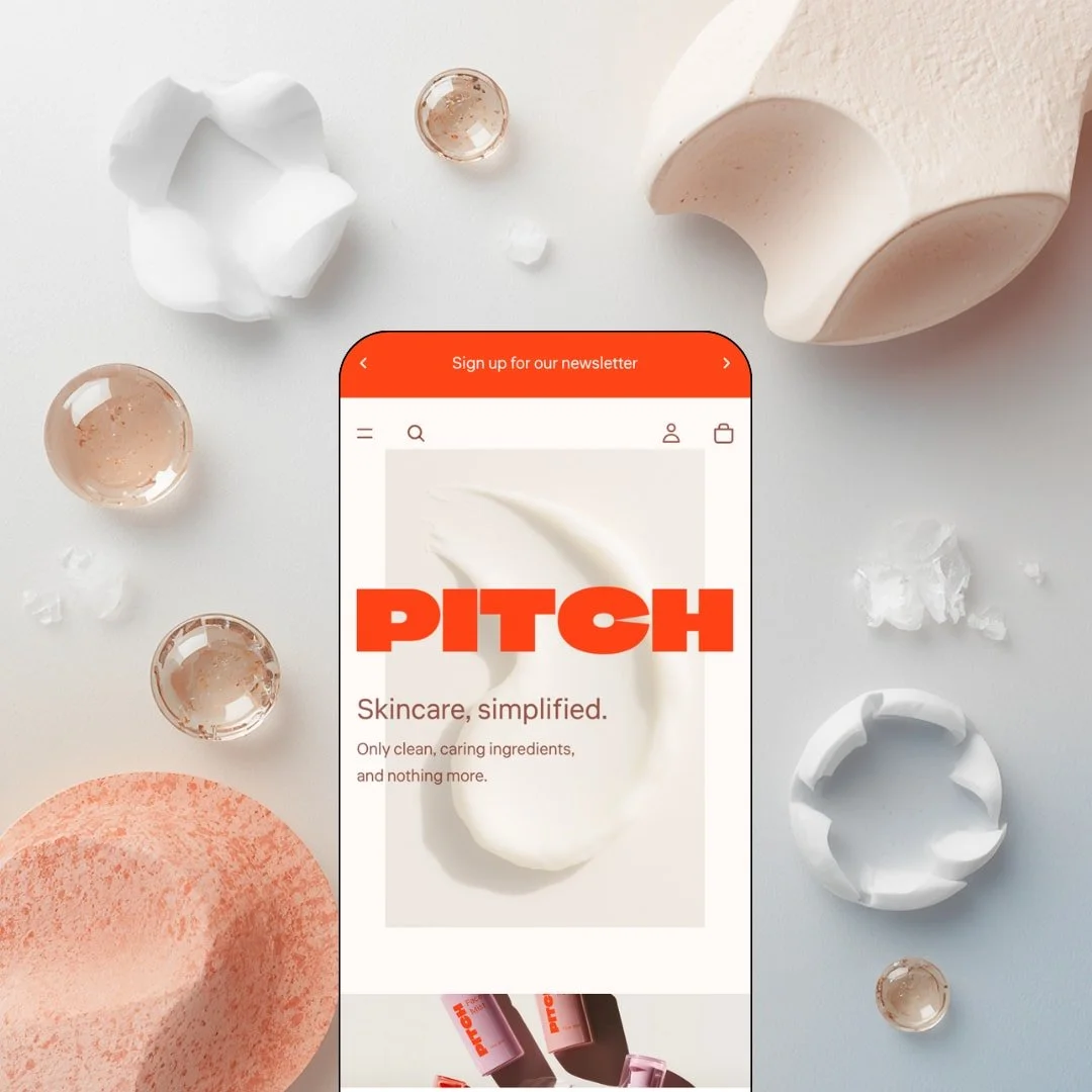 Pitch Shopify theme mobile preview — single beauty preset with the brand wordmark set over a cream-texture hero.