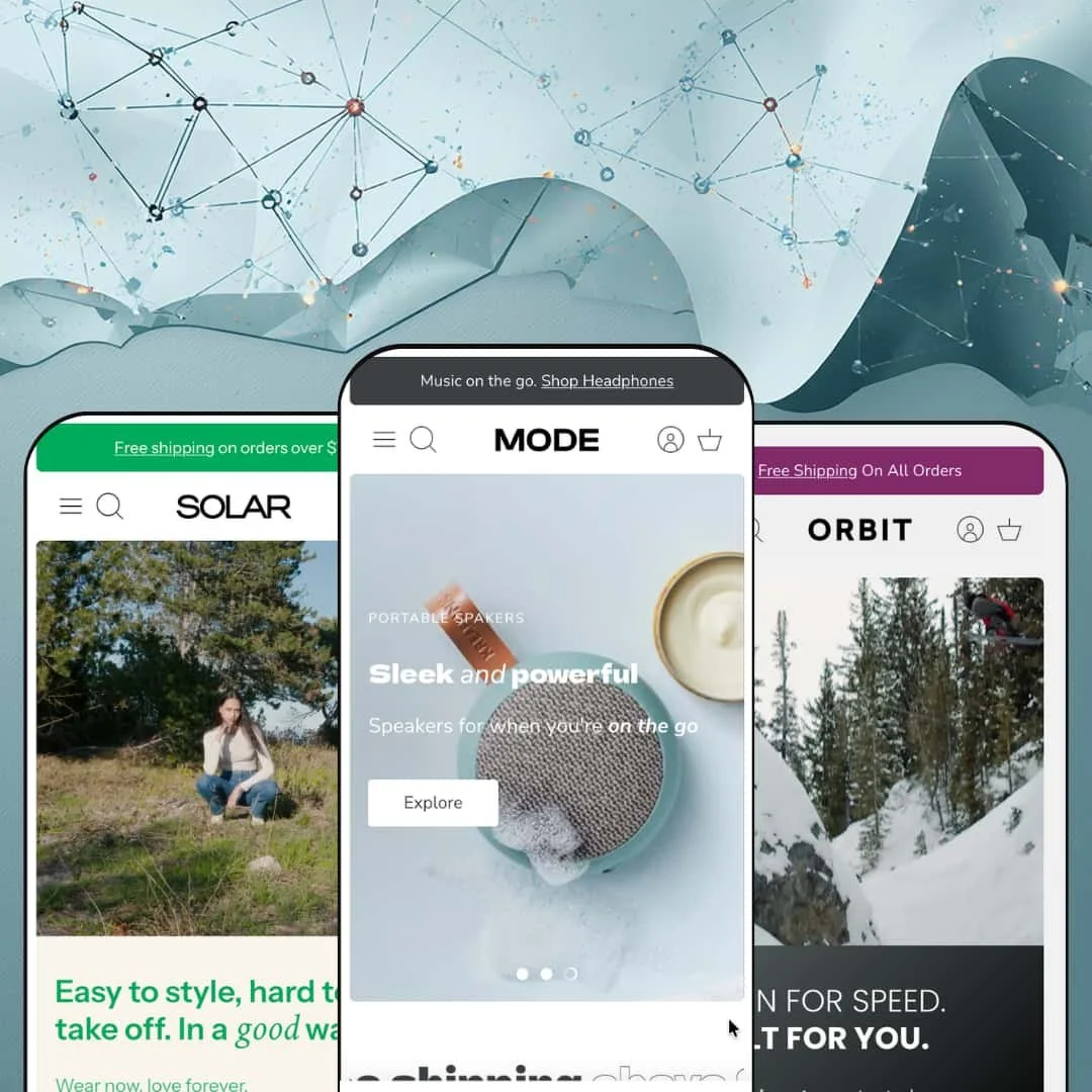 Mode Shopify theme presets in mobile view — Solar for clothing, Mode for electronics, Orbit for outdoor sport.