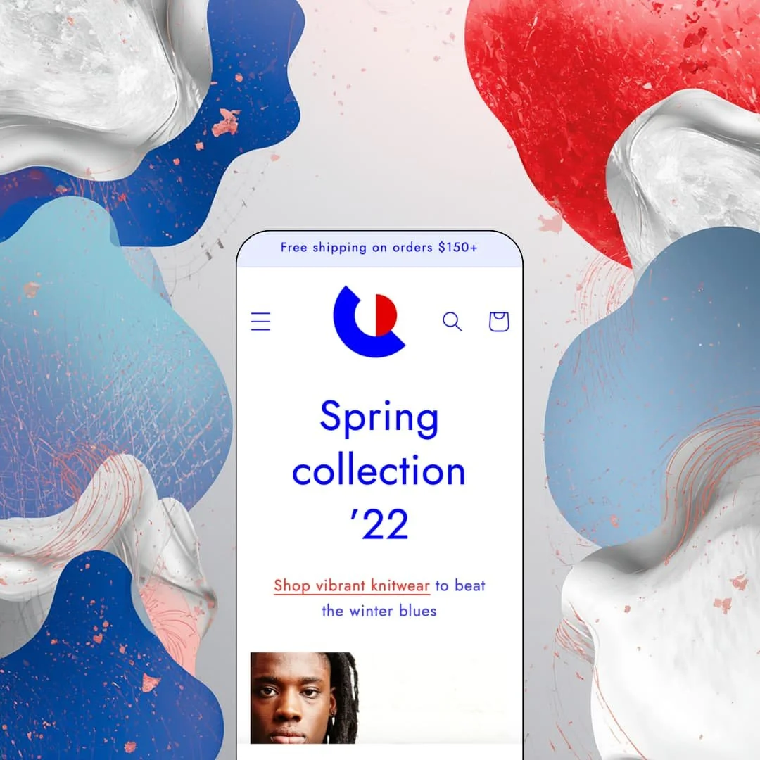 Colorblock Shopify theme mobile preview — single knitwear preset with a free-shipping announcement bar and oversized blue hero type.