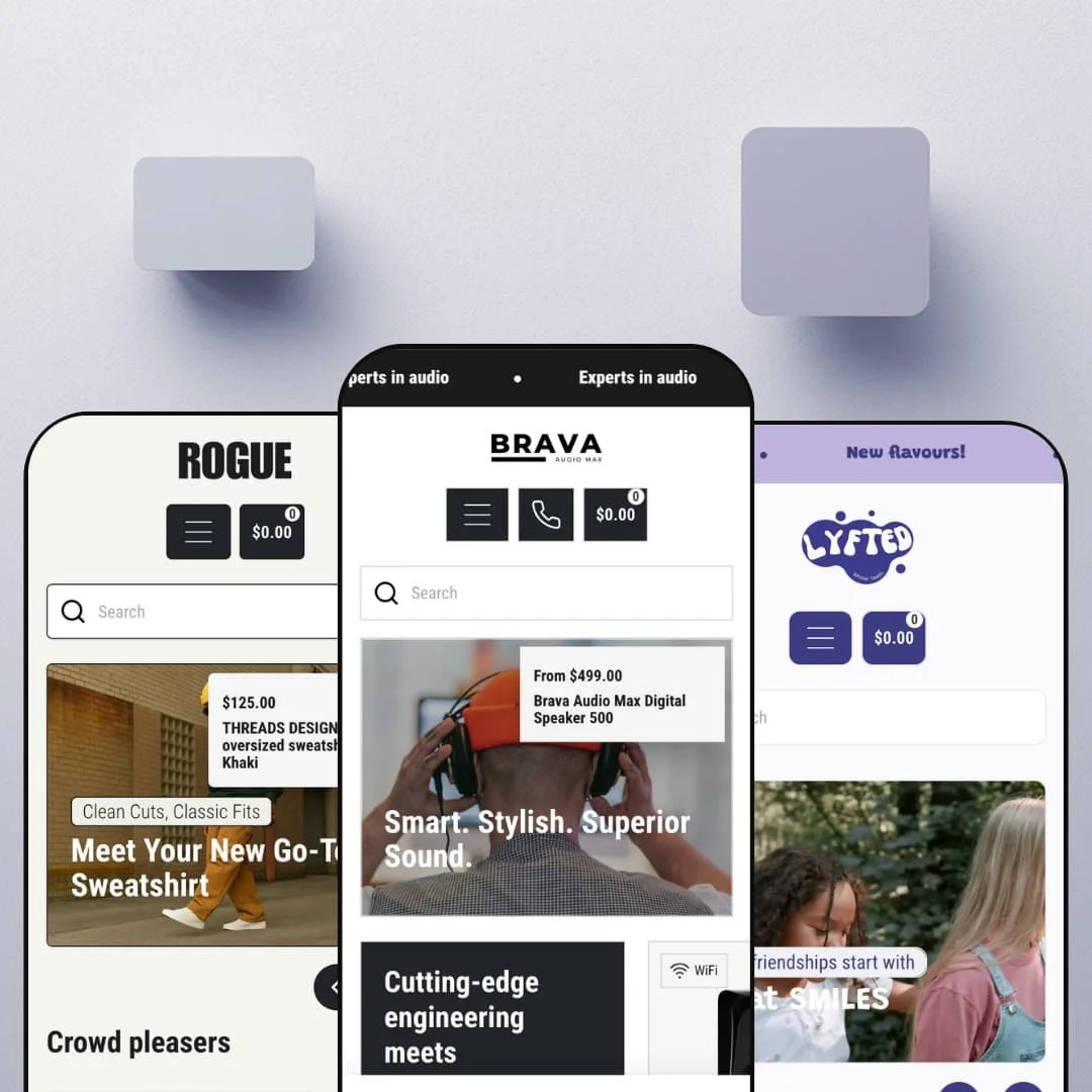 Brava Shopify theme presets in mobile view — Rogue for menswear, Brava for audio, Lyfted for beauty