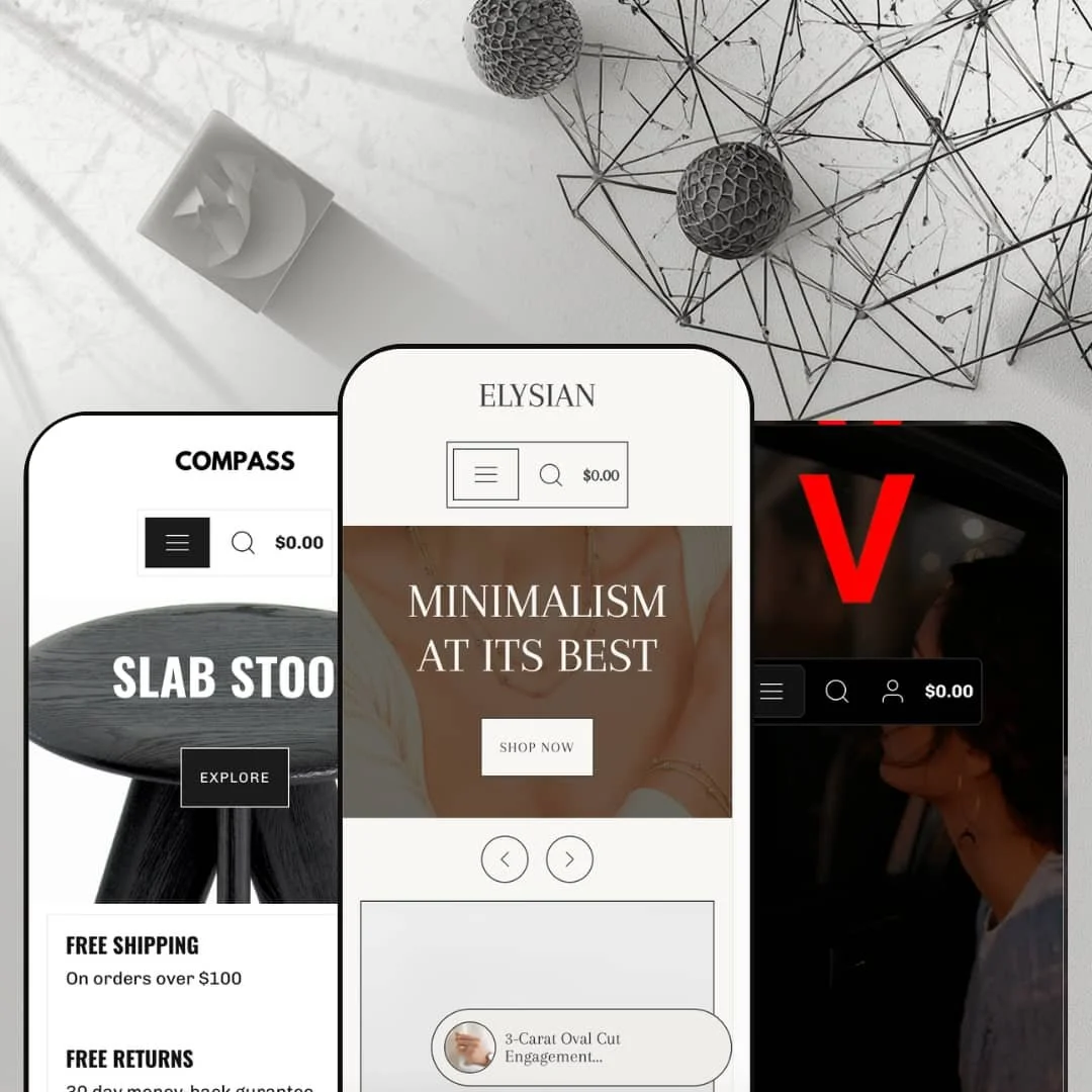 Elysian Shopify theme presets in mobile view — Compass for homewares, Elysian for jewelry, Voltage for car audio.
