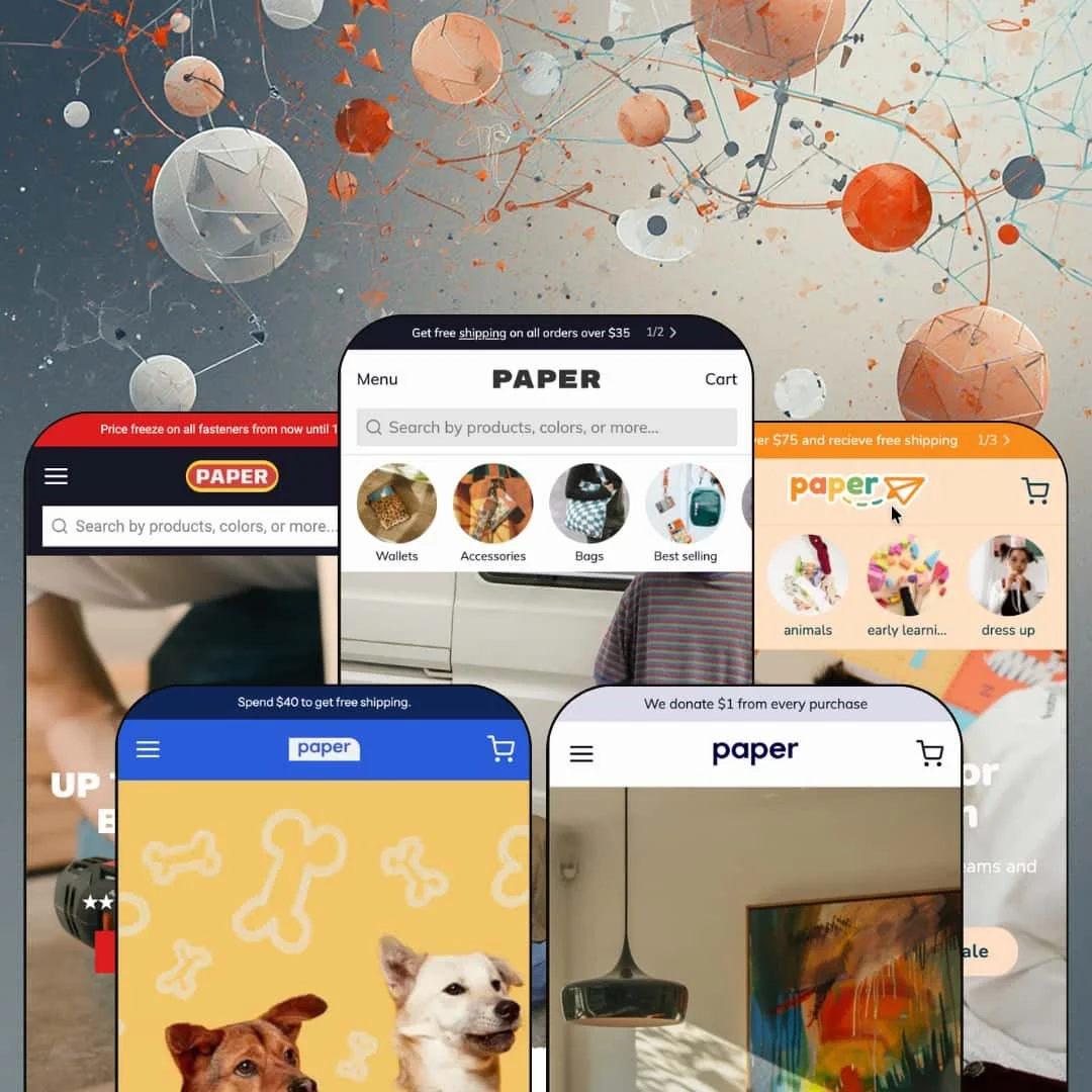 Paper Shopify theme presets in mobile view — Parts for hardware, Pull for pet supplies, Paper for wallets, Postcard for art prints, Parade for toys.