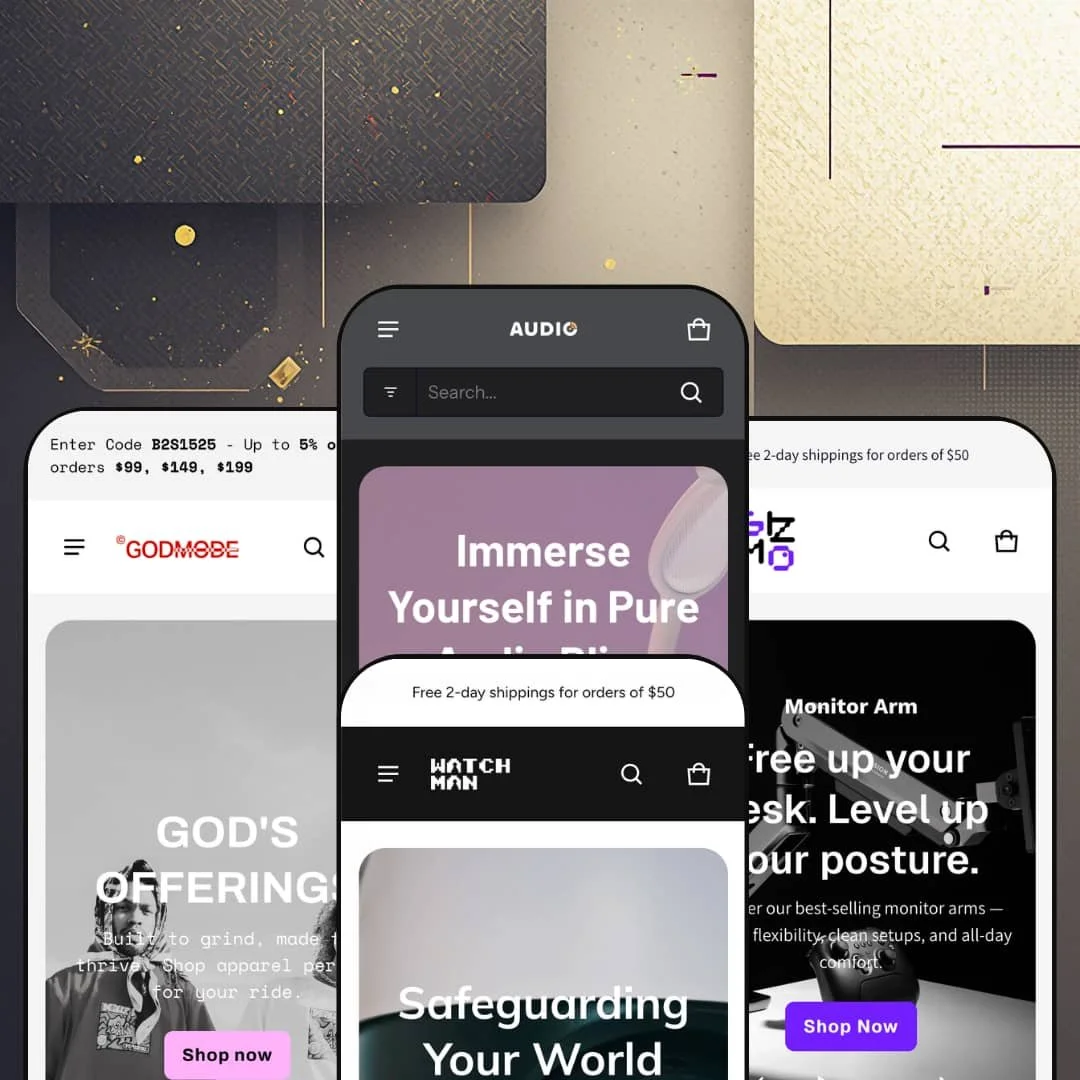 Electro Shopify theme presets in mobile view — Skatewear for streetwear, Electro for audio gear, Surveillance for home security, Gizmo for desk accessories.