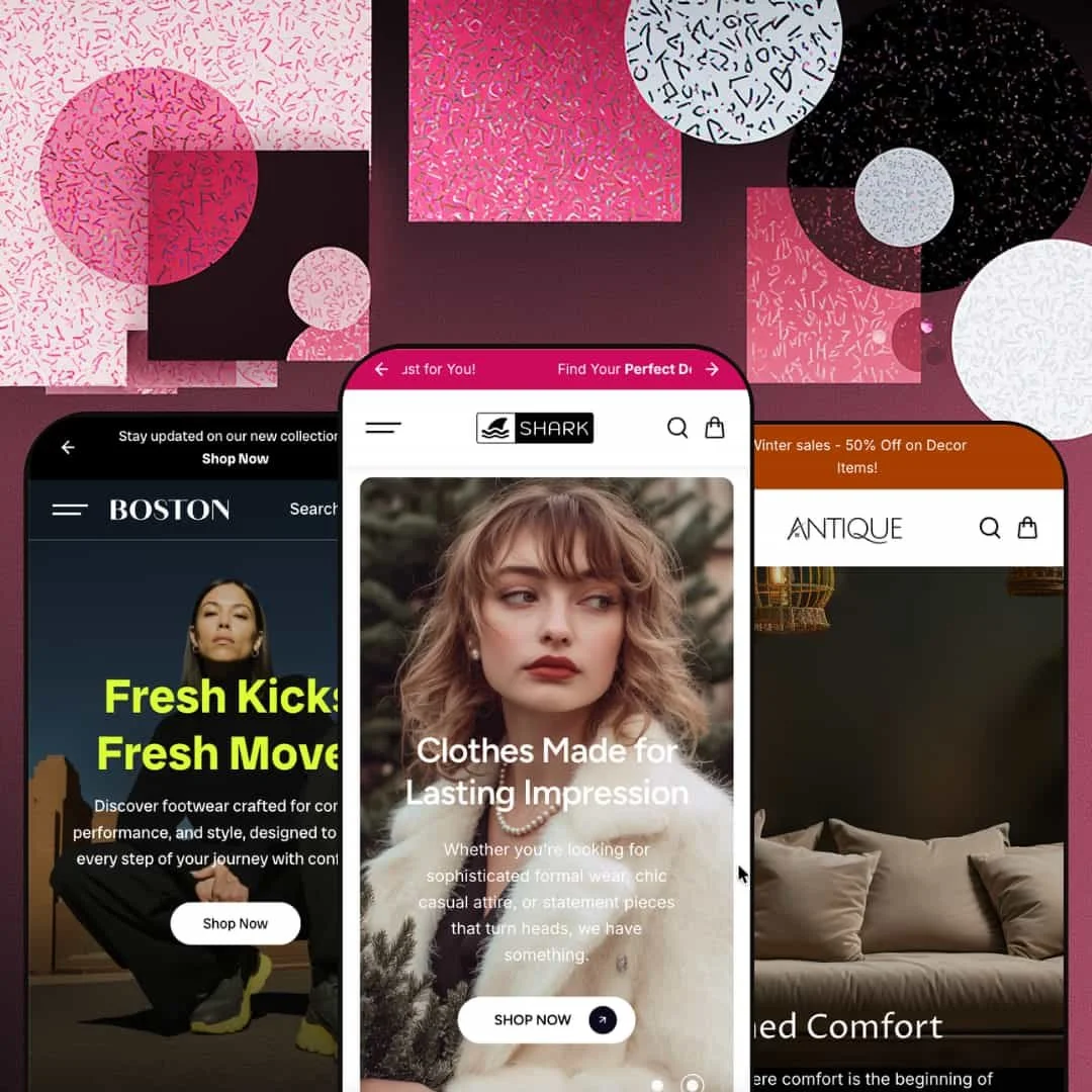 Shark Shopify theme presets in mobile view — Boston for footwear, Shark for clothing, Antique for home decor