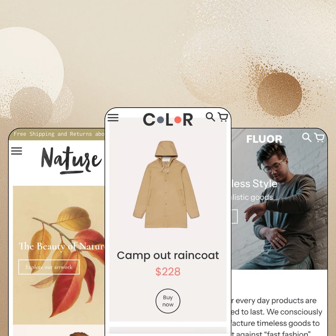 Colors Shopify theme presets in mobile view — Delight for art prints, Colors for outdoor gear, Fluor for menswear.