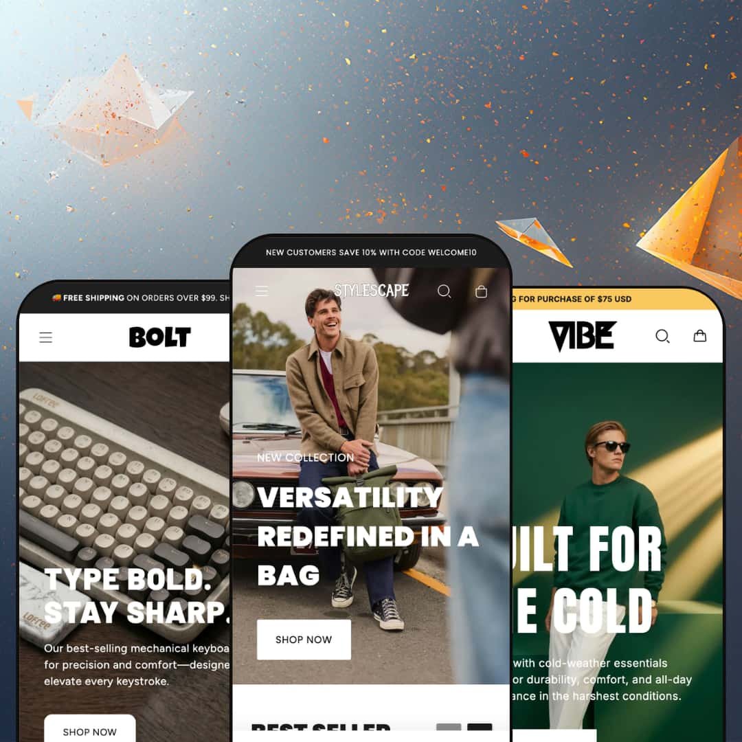 StyleScape Shopify theme presets in mobile view — Bolt for tech, StyleScape for bags, Vibe for menswear