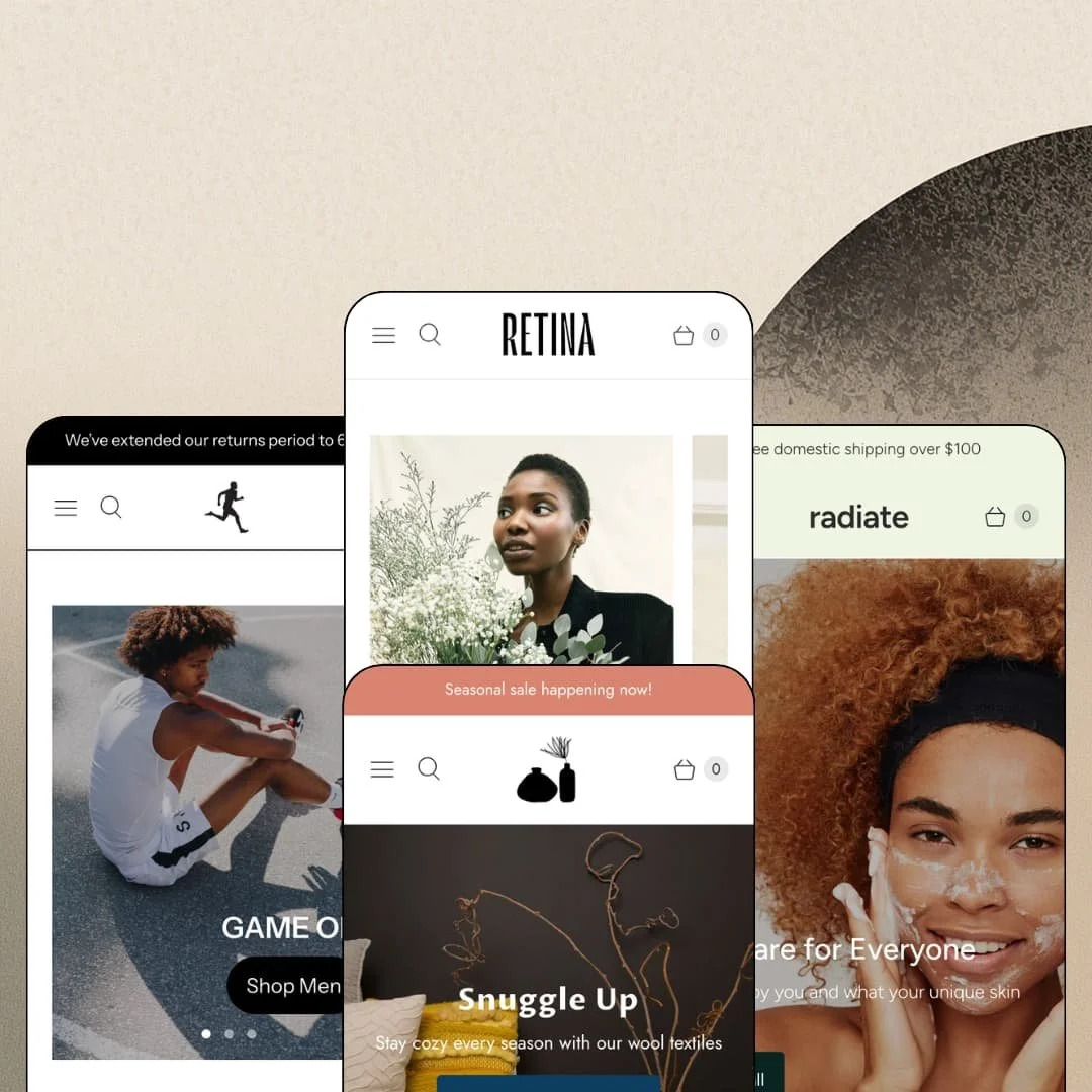 Retina Shopify theme presets in mobile view — Sprint for athletic footwear, Retina for womenswear, Sculpt for home goods, Radiate for skincare