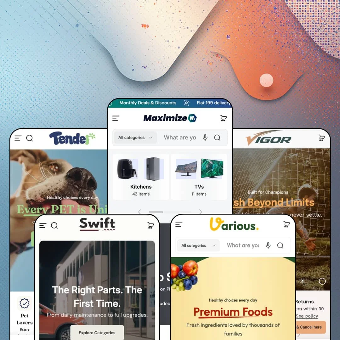 Maximize Shopify theme presets in mobile view — Tender for pets, Swift for auto parts, Maximize for electronics, Various for grocery, Vigor for sports
