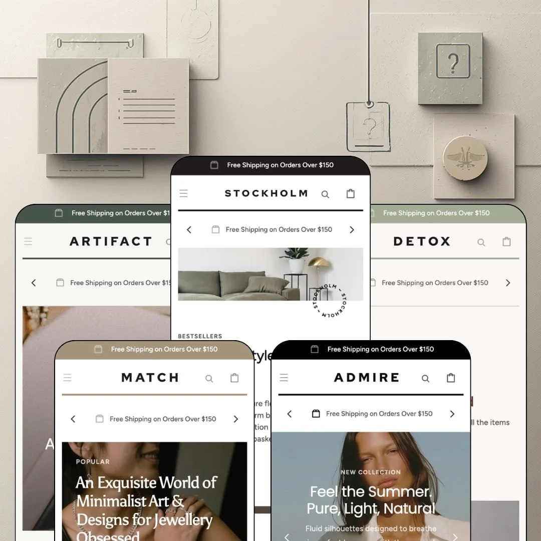 Stockholm Shopify theme presets in mobile view — Artifact for crafts, Match for jewelry, Stockholm for home, Admire for fashion, Detox for beauty.