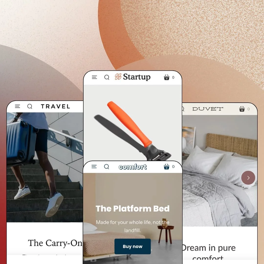 Startup Shopify theme presets in mobile view — Travel for luggage, Startup for grooming, Comfort for furniture, Duvet for bedding