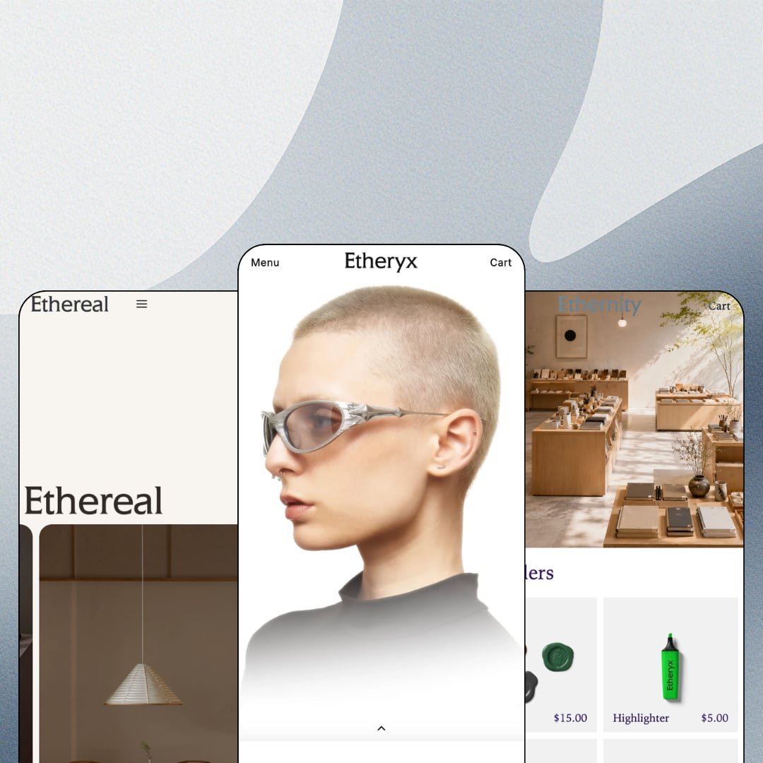 Etheryx Shopify theme presets in mobile view — Ethereal for home textiles, Etheryx for womenswear, Ethernity for stationery