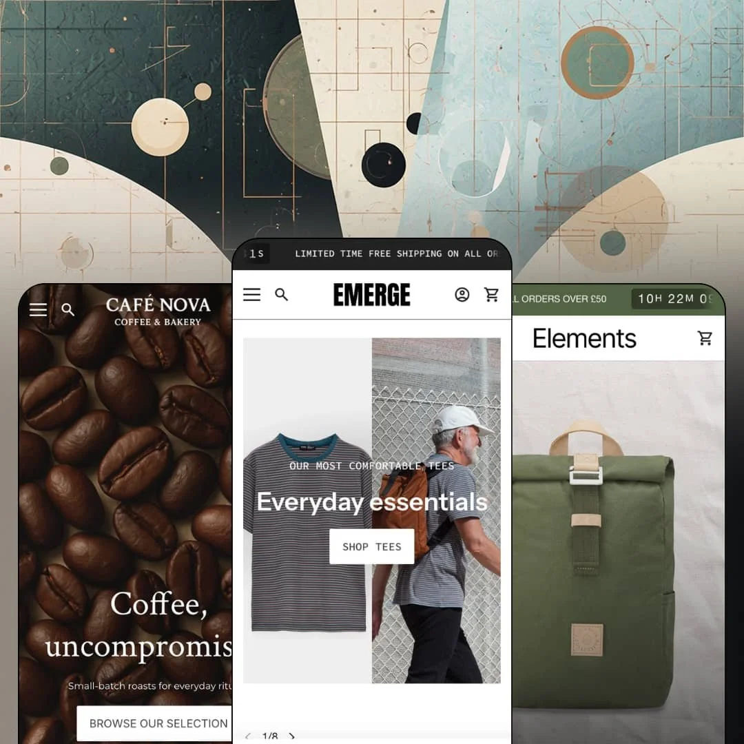 Emerge Shopify theme presets in mobile view — Cafe for coffee, Emerge for apparel, Elements for bags.