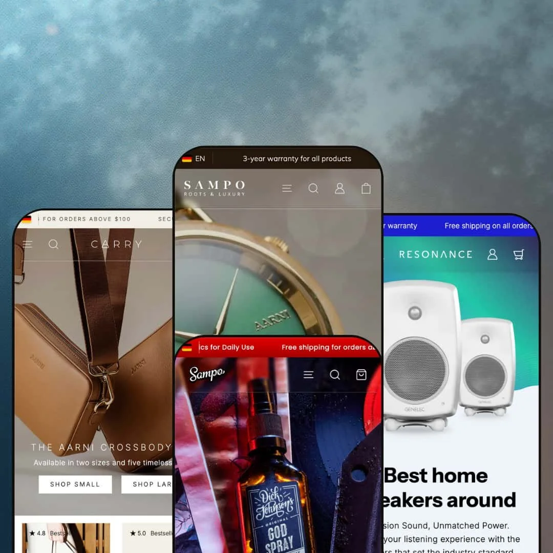 A composite image showing four different versions of the Sampo Shopify theme by Woolman displayed on smartphone screens. Each screen showcases the theme's adaptation for different niches.