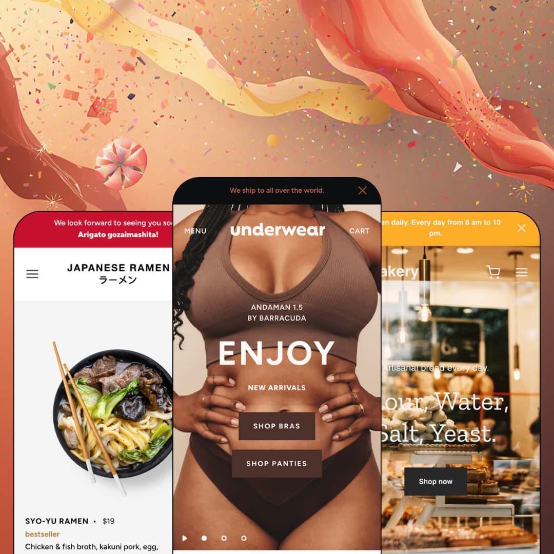 Andaman Shopify theme presets in mobile view — Ramen for a noodle restaurant, Andaman for intimates, Bakery for a bakery