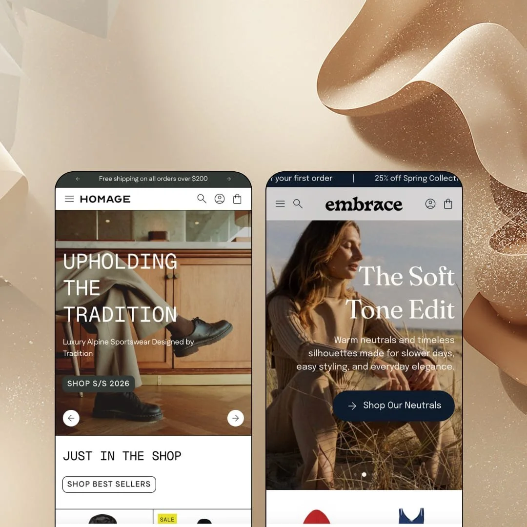 Homage Shopify theme presets in mobile view — Homage for luxury alpine sportswear, Embrace for knitwear, each with announcement bar and hero
