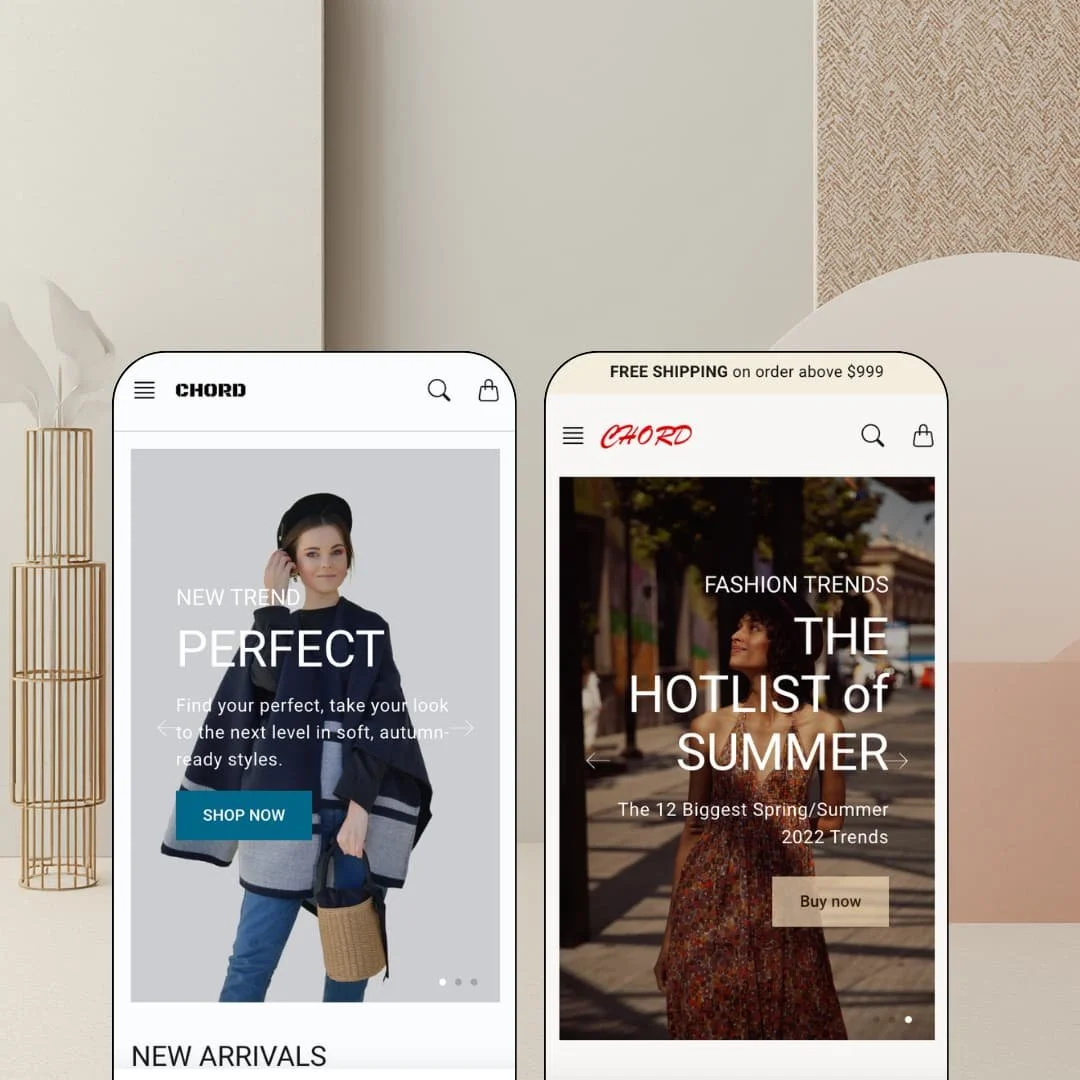 Chord Shopify theme mobile preview, all 2 presets — Loaf in cool grey minimalism, Chord in warm red editorial styling.