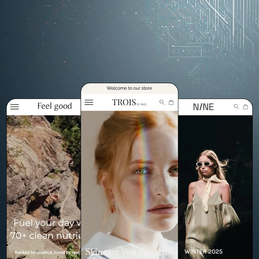 Rad Shopify theme presets in mobile view — Feel Good for supplements, Rad for skincare, Nine for womenswear