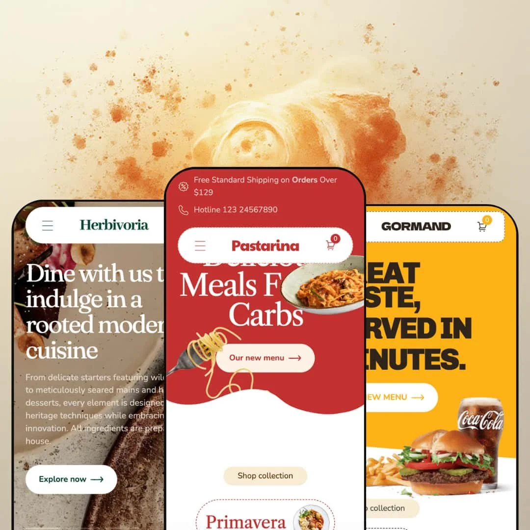 A composite image showing three different versions of the Pastarina Shopify theme by Xotiny displayed on smartphone screens. Each screen showcases the theme's adaptation for different niches.