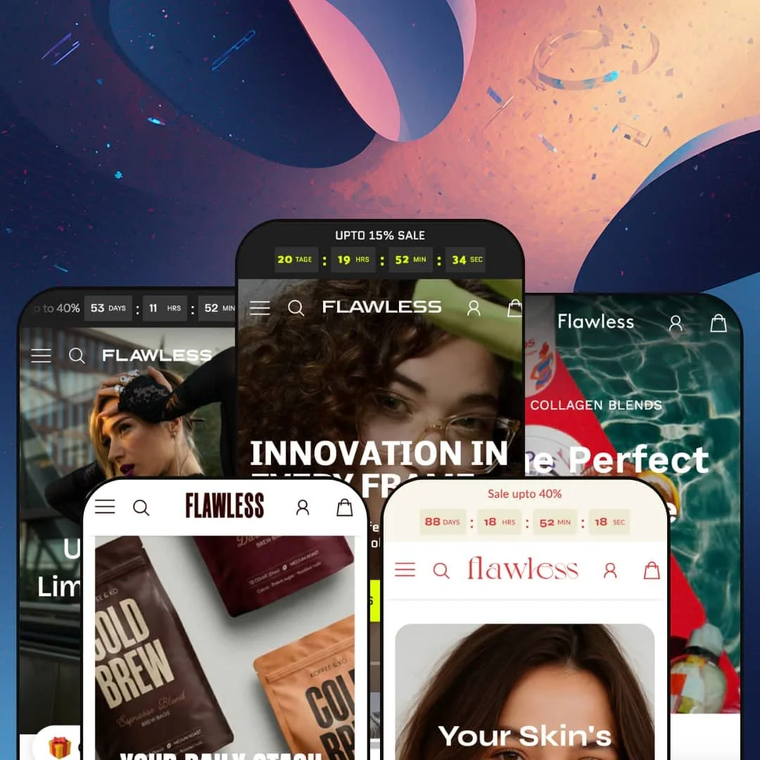 Flawless Shopify theme presets in mobile view — Persona for apparel, Chill for coffee, Flawless for eyewear, Routine for skincare, Heal for wellness.