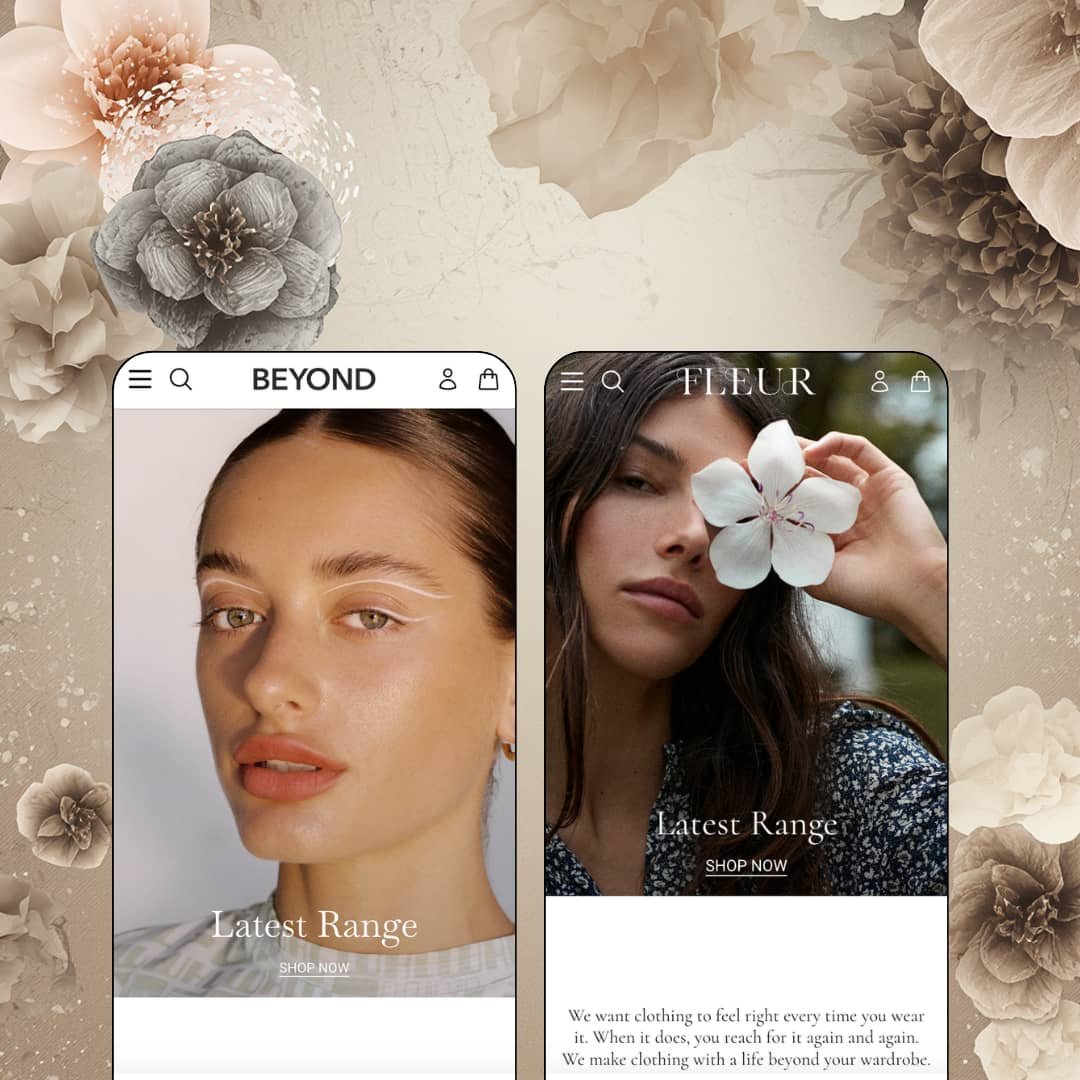 Beyond Shopify theme presets in mobile view — Beyond for fine jewelry, Fleur for womenswear.