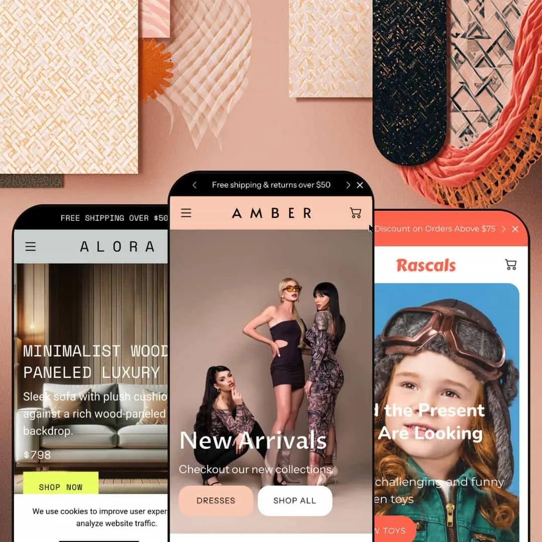 Amber Shopify theme presets in mobile view — Alora for furniture, Amber for fashion, Rascals for kids' toys.